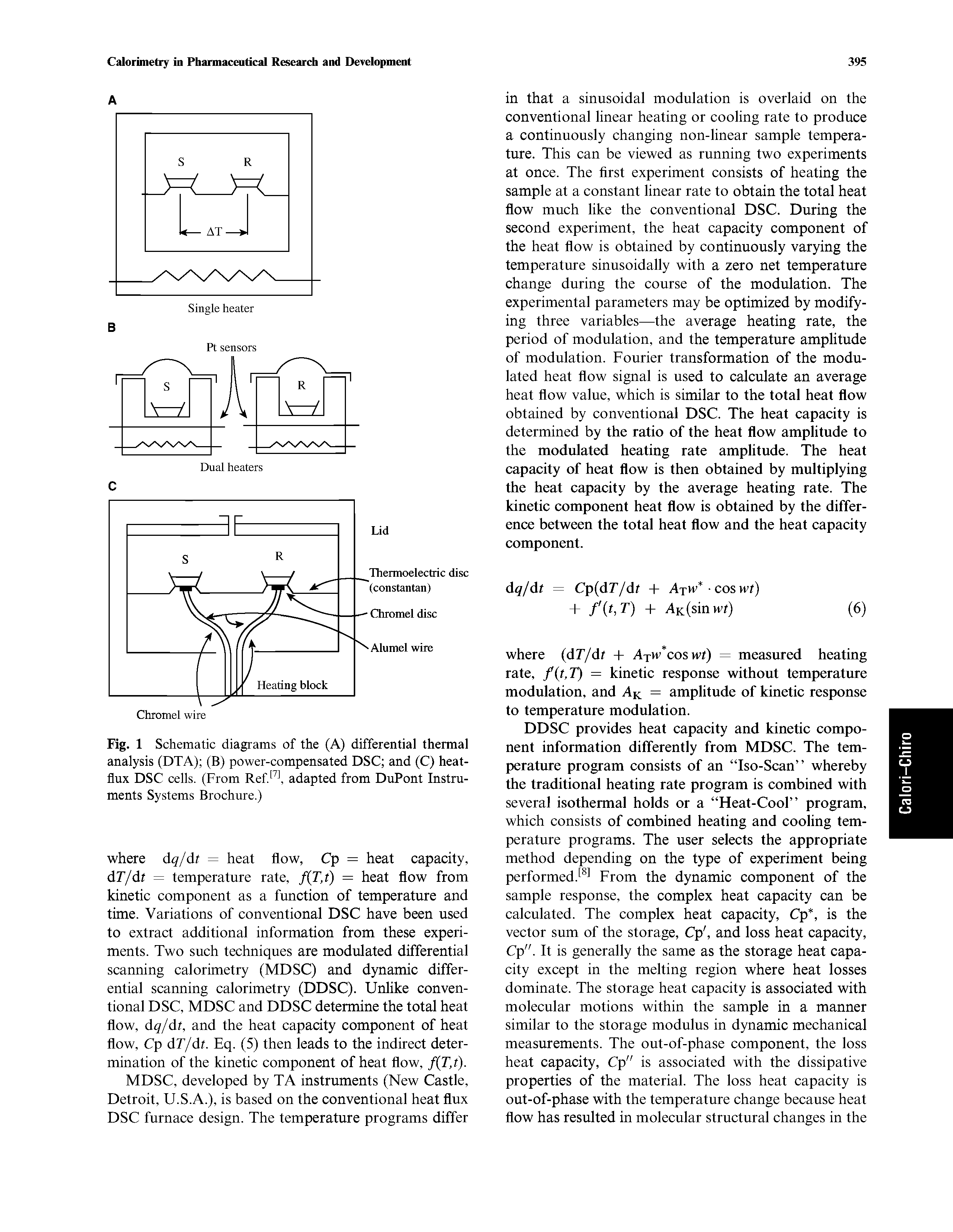 Fig. 1 Schematic diagrams of the (A) differential thermal analysis (DTA) (B) power-compensated DSC and (C) heat-flux DSC cells. (From Ref adapted from DuPont Instruments Systems Brochure.)...