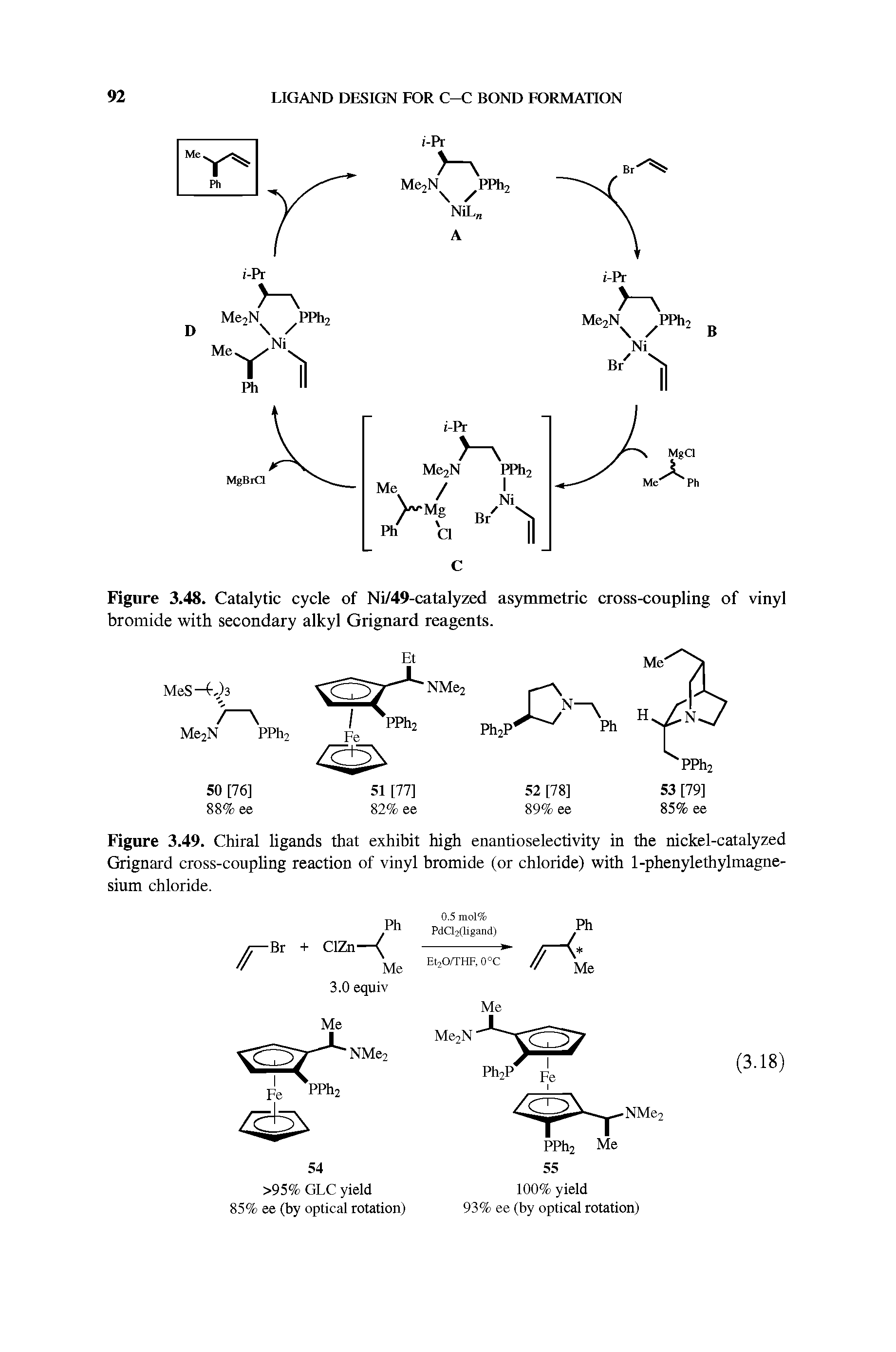 Figure 3.49. Chiral ligands that exhibit high enantioselectivity in the nickel-catalyzed Grignard cross-coupling reaction of vinyl bromide (or chloride) with 1-phenylethylmagne-sium chloride.