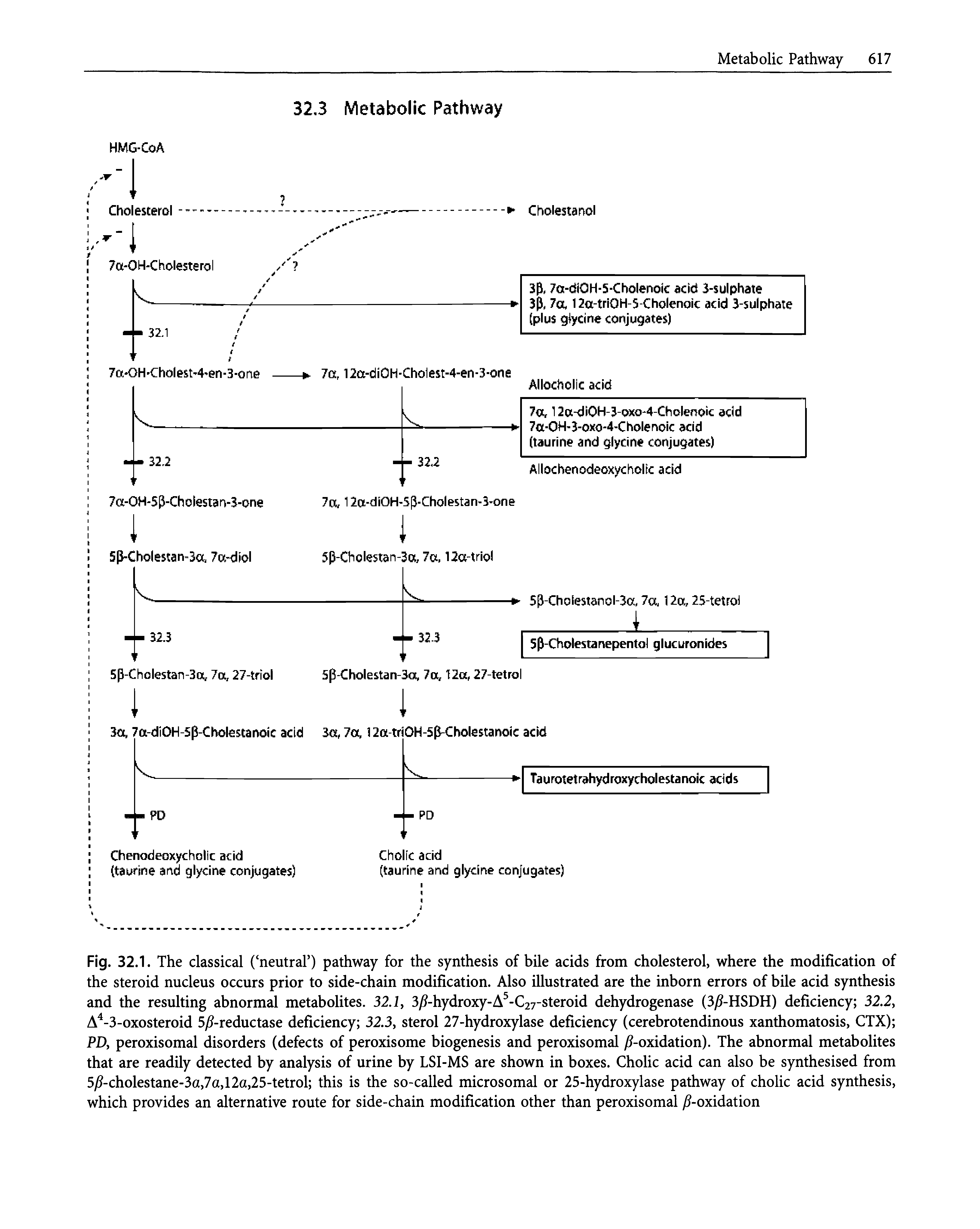 Fig. 32.1. The classical ( neutral ) pathway for the synthesis of bile acids from cholesterol, where the modification of the steroid nucleus occurs prior to side-chain modification. Also illustrated are the inborn errors of bile acid synthesis and the resulting abnormal metabolites. 32.1, 3) -hydroxy-A -C27-steroid dehydrogenase (3) -HSDH) deficiency 32.2, A -3-oxosteroid 5 -reductase deficiency 32.3, sterol 27-hydroxylase deficiency (cerebrotendinous xanthomatosis, CTX) PD, peroxisomal disorders (defects of peroxisome biogenesis and peroxisomal j -oxidation). The abnormal metabolites that are readily detected by analysis of urine by LSI-MS are shown in boxes. Cholic acid can also be synthesised from 5 -cholestane-3a,7a,12a,25-tetrol this is the so-called microsomal or 25-hydroxylase pathway of cholic acid synthesis, which provides an alternative route for side-chain modification other than peroxisomal j -oxidation...