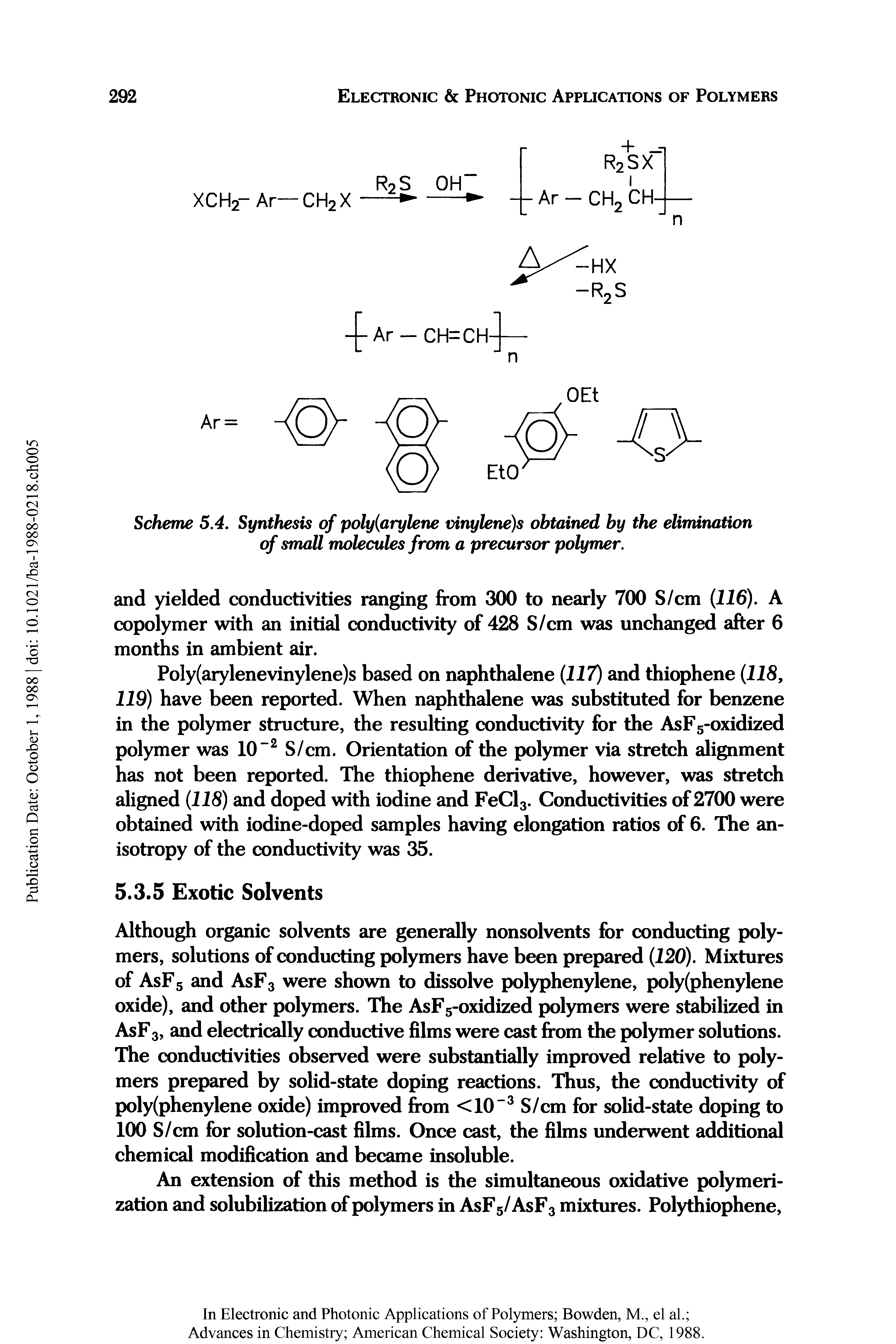Scheme 5.4. Synthesis of poly arylene vinylene)s obtained by the elimination of small molecules from a precursor polymer.