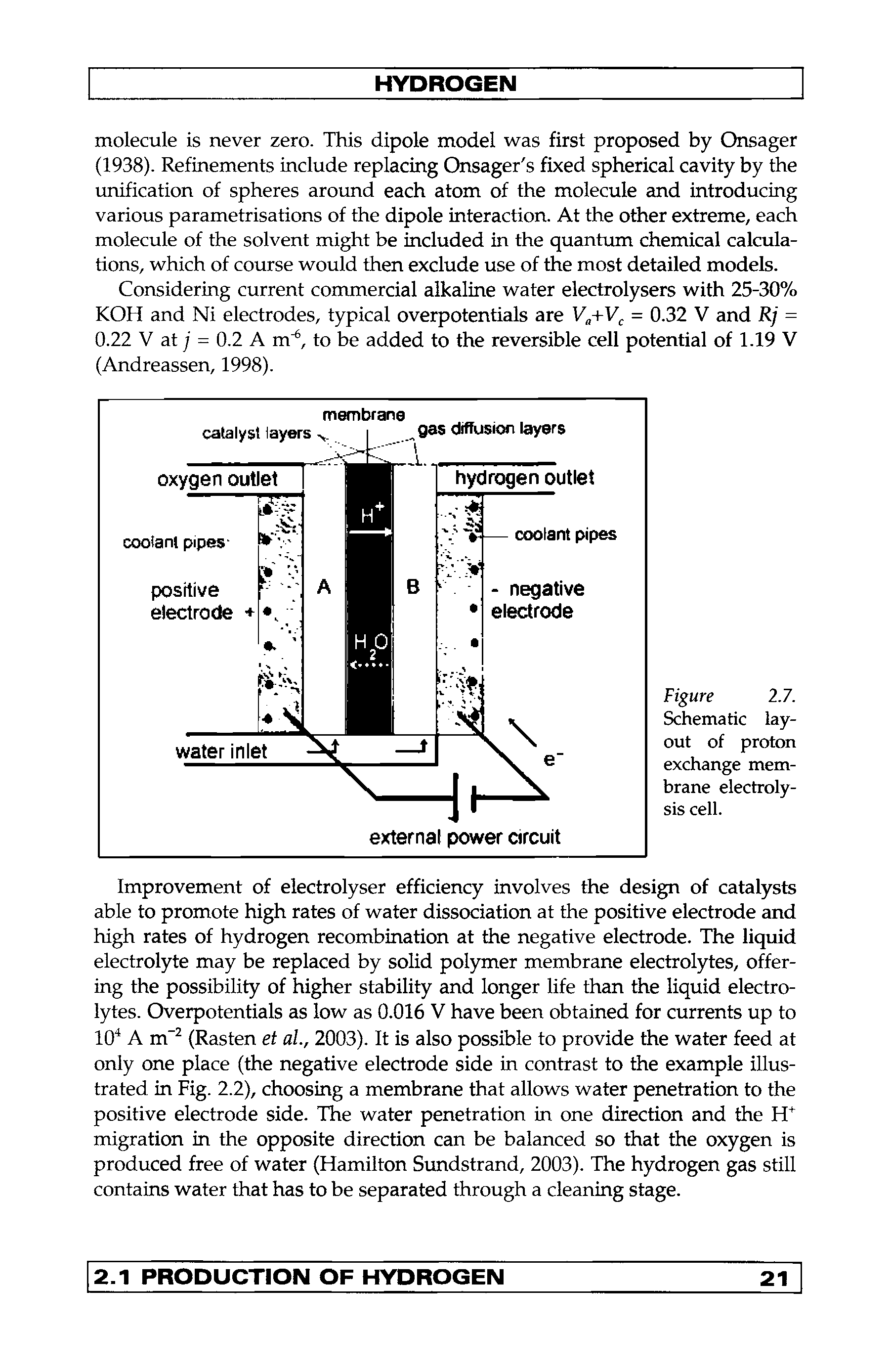Figure 1.7. Schematic layout of proton exchange membrane electrolysis cell.