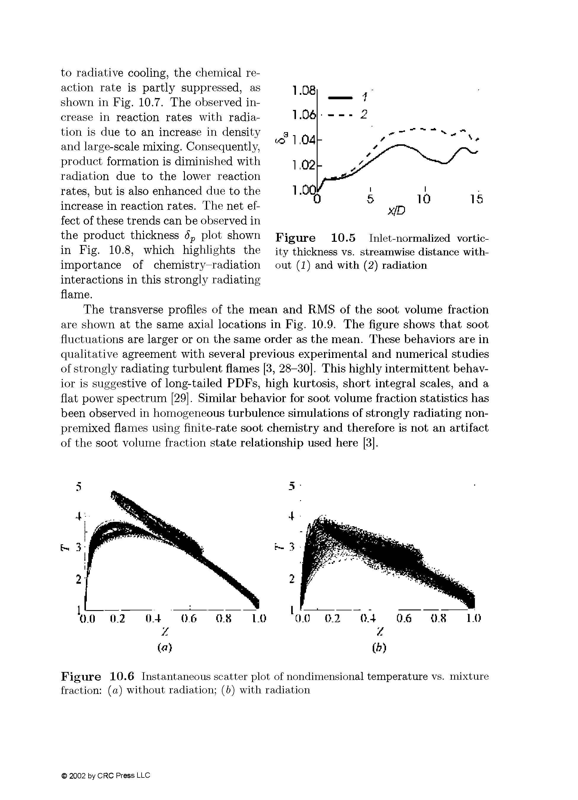 Figure 10.5 Inlet-normalized vortic-ity thickness vs. streamwise distance without (1) and with (2) radiation...