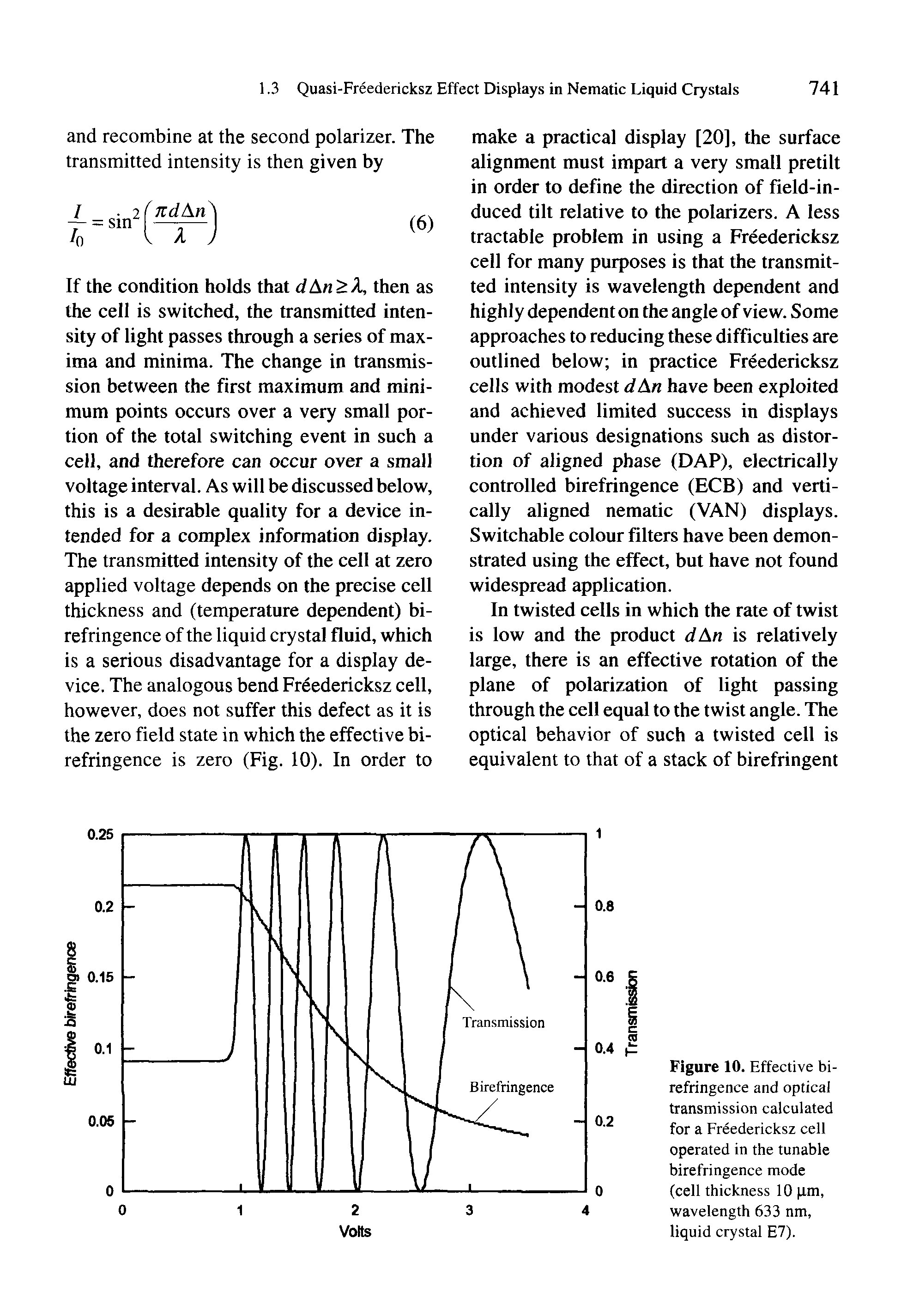 Figure 10. Effective birefringence and optical transmission calculated for a Freedericksz cell operated in the tunable birefringence mode (cell thickness 10 pm, wavelength 633 nm, liquid crystal E7).