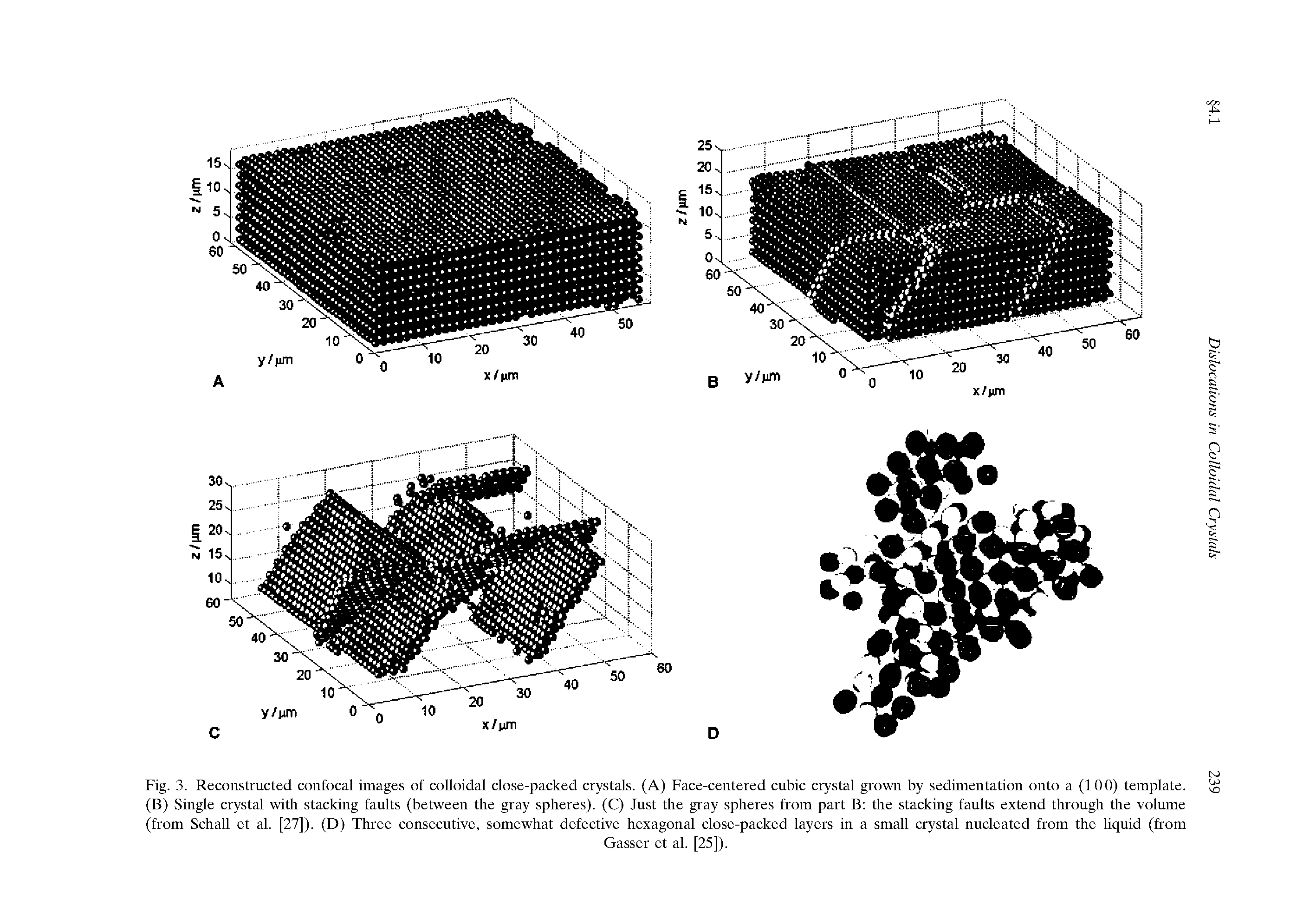 Fig. 3. Reconstructed confocal images of colloidal close-packed crystals. (A) Face-centered cubic crystal grown by sedimentation onto a (100) template. (B) Single crystal with stacking faults (between the gray spheres). (C) Just the gray spheres from part B the stacking faults extend through the volume (from Schall et al. [27]). (D) Three consecutive, somewhat defective hexagonal close-packed layers in a small crystal nucleated from the liquid (from...