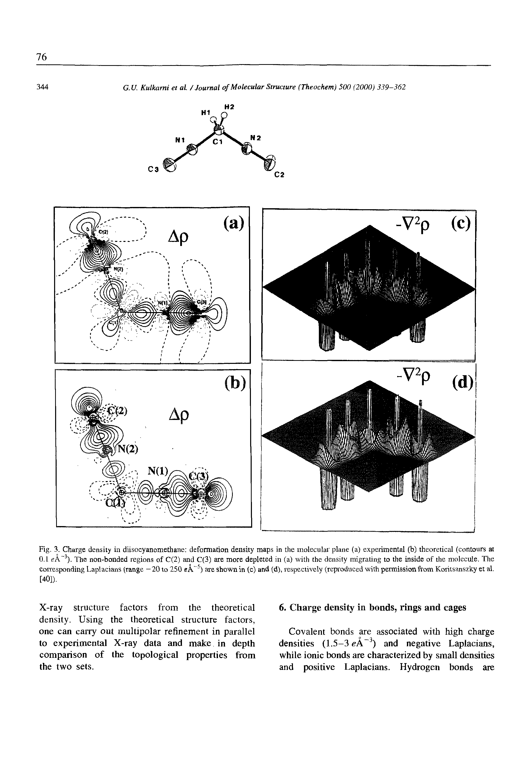 Fig. 3. Charge density ill diisocyanomethane deformation density maps in die molecular plane (a) experimental (b) theoretical (contours at 0.1 t A-3). The non-bonded regions of C(2) and C(3) are more depleted in (a) with the density migrating to the inside of the molecule. The corresponding Laplacians (range - 20 to 250 eA"5) are shown in (c) and (d), respectively (reproduced with permission from Koritsanszky et al.
