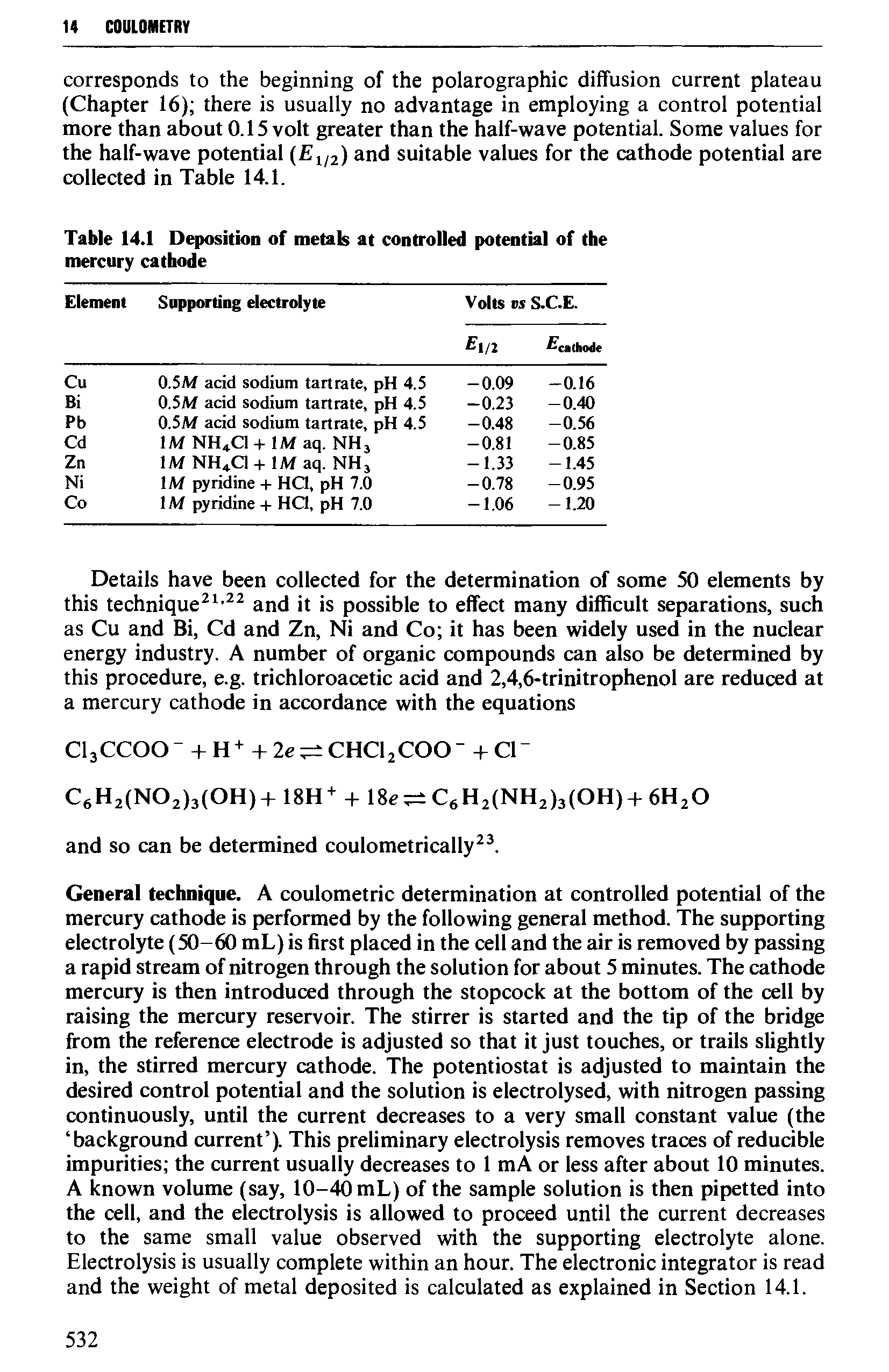 Table 14.1 Deposition of metals at controlled potential of the mercury cathode...