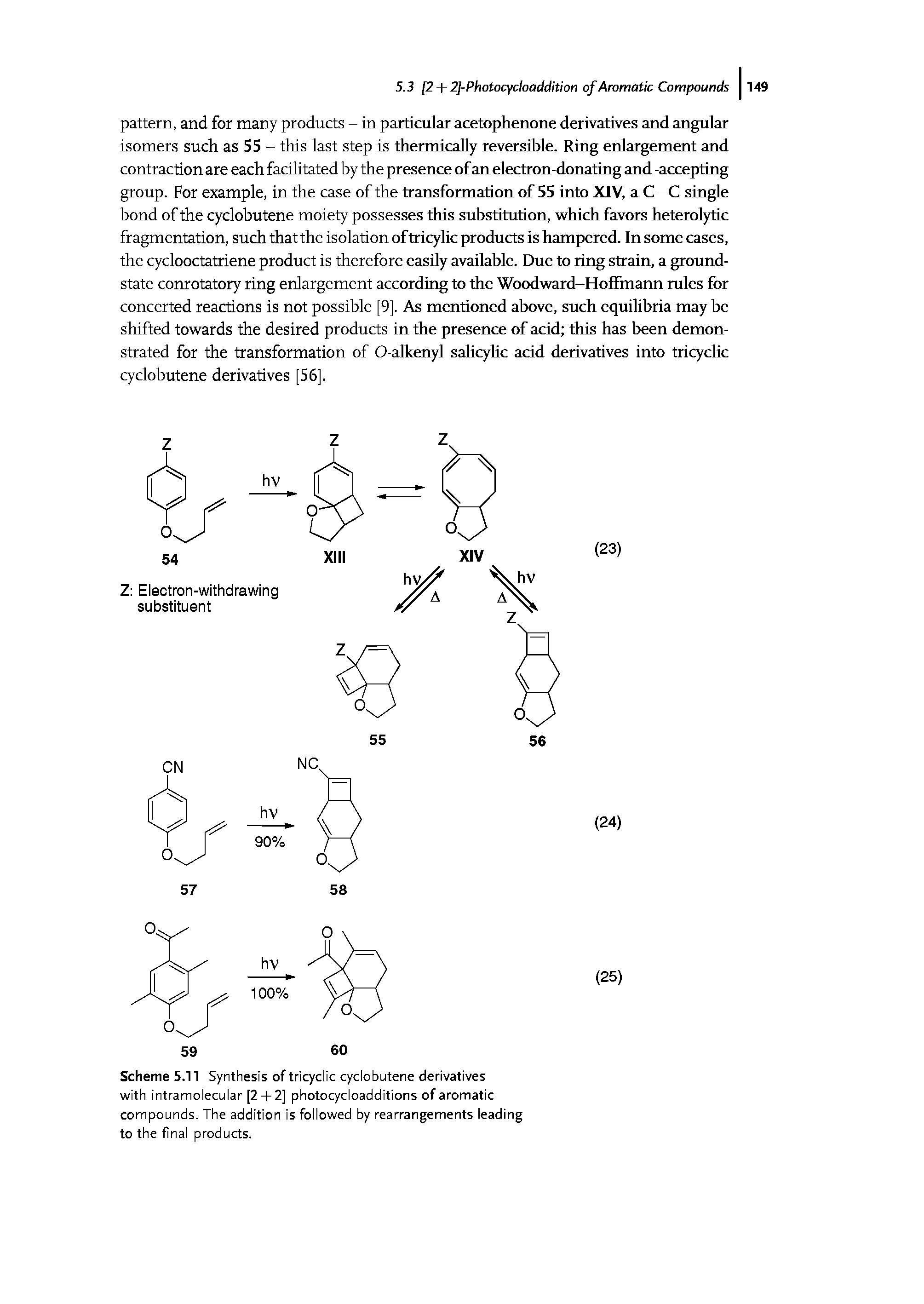 Scheme 5.11 Synthesis of tricyclic cyclo butene derivatives with intramolecular [2 + 2] photocycloadditions of aromatic compounds. The addition is followed by rearrangements leading to the final products.