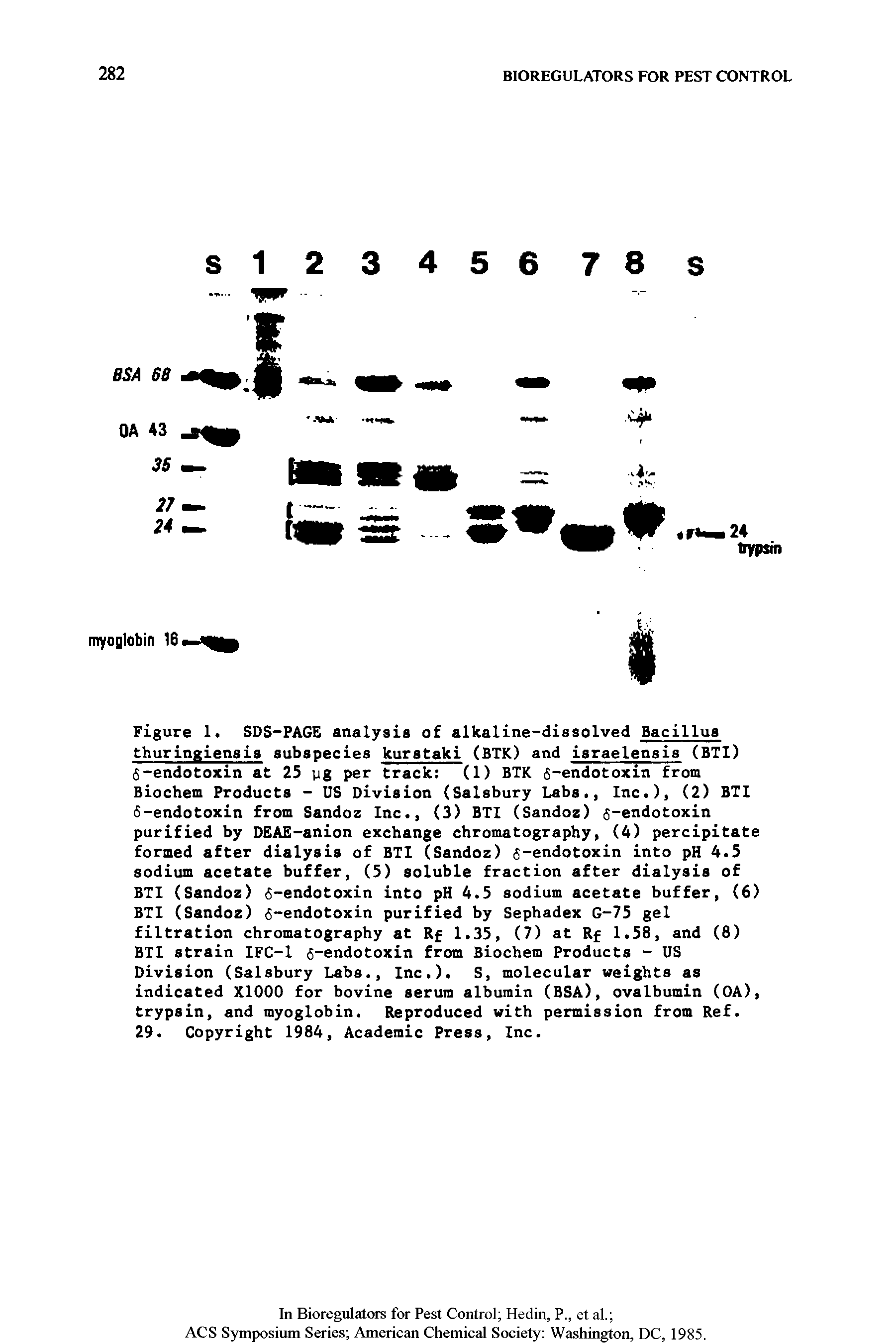 Figure 1. SDS-PAGG analysis of alkaline-dissolved Bacillus thuringiensis subspecies kurstaki (BTK) and israelensis (BTI) -endotoxin at 25 yg per track (1) BTK -endotoxin from Biochem Products - US Division (Salsbury Labs., Inc.), (2) BTI 6-endotoxin from Sandoz Inc., (3) BTI (Sandoz) -endotoxin purified by DEAE-anion exchange chromatography, (4) percipitate formed after dialysis of BTI (Sandoz) -endotoxin into pH 4.5 sodium acetate buffer, (5) soluble fraction after dialysis of BTI (Sandoz) -endotoxin into pH 4.5 sodium acetate buffer, (6) BTI (Sandoz) -endotoxin purified by Sephadex G-75 gel filtration chromatography at Rf 1.35, (7) at Rf 1.58, and (8) BTI strain IFC-1 -endotoxin from Biochem Products - US Division (Salsbury Labs., Inc.). S, molecular weights as indicated X1000 for bovine serum albumin (BSA), ovalbumin (OA), trypsin, and myoglobin. Reproduced with permission from Ref. 29. Copyright 1984, Academic Press, Inc.