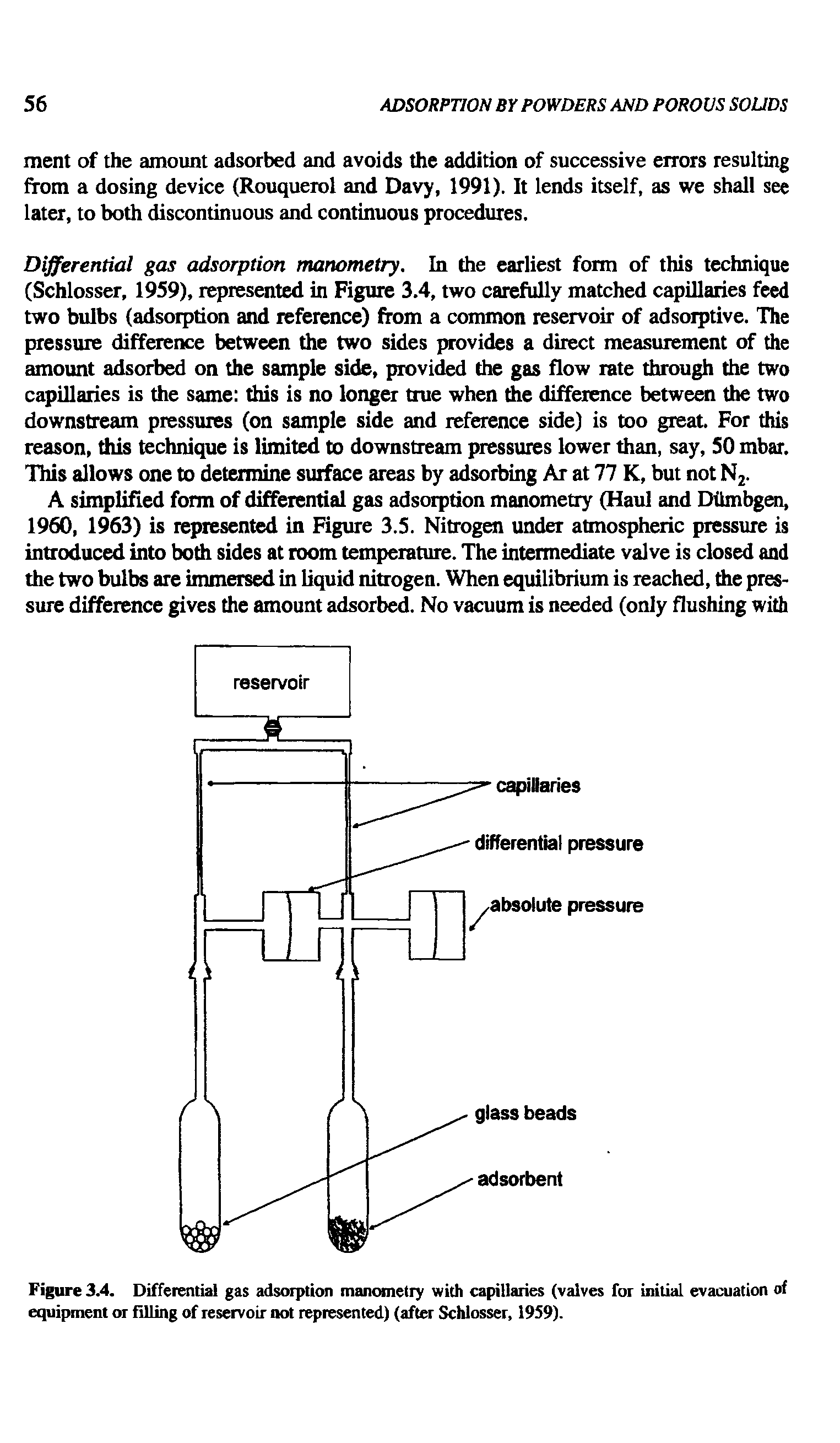 Figure 3.4. Differential gas adsorption manometry with capillaries (valves for initial evacuation of equipment or filling of reservoir not represented) (after Schlosser, 1959).