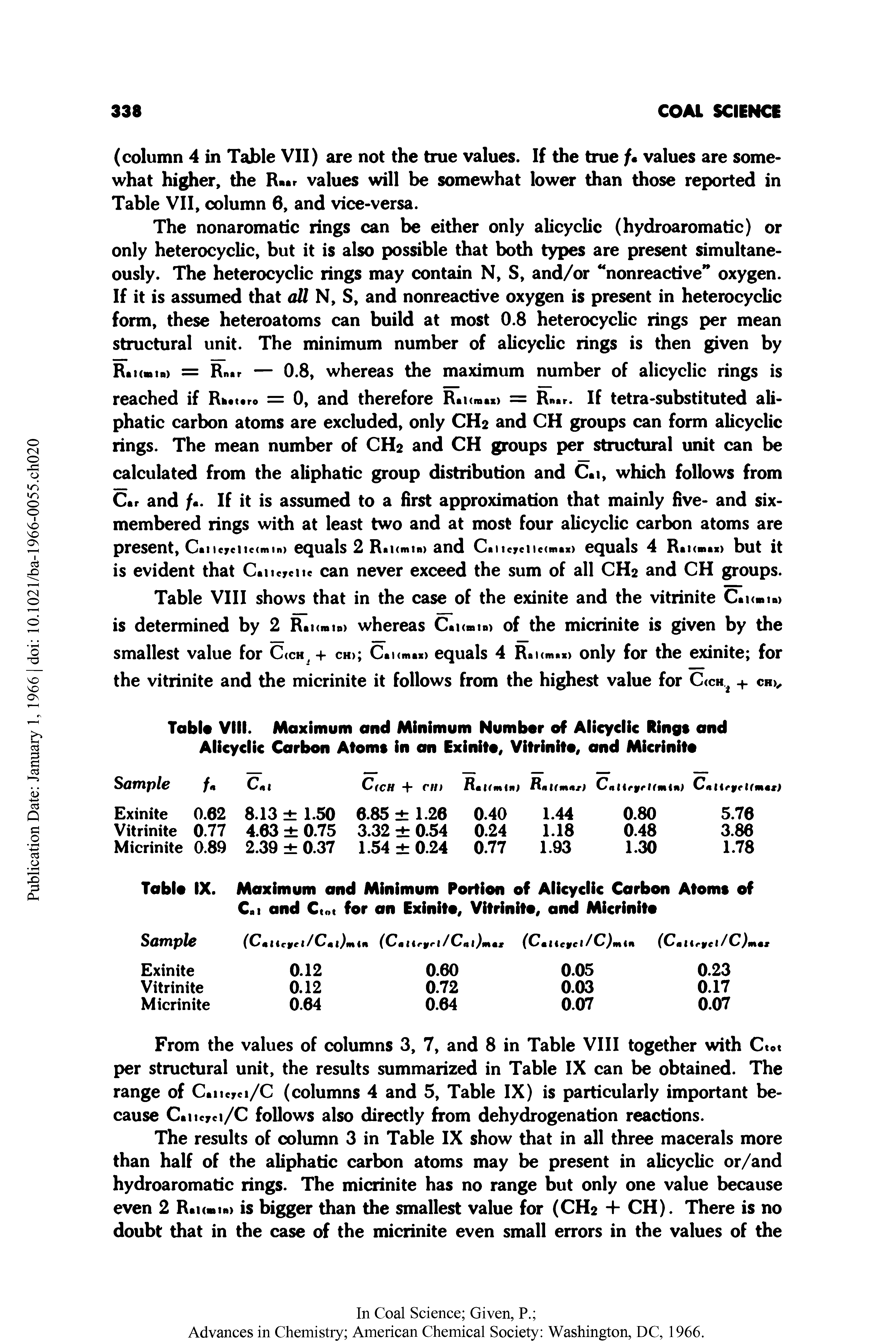 Table VIII. Maximum and Minimum Number of Alicyclic Rings and Alicyclic Carbon Atoms in an Exinite, Vitrinite, and Micrinite...