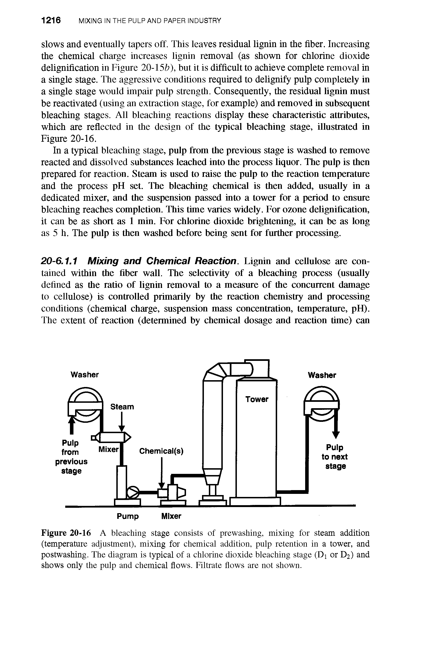 Figure 20-16 A bleaching stage consists of prewashing, mixing for steam addition (temperature adjustment), mixing for chemical addition, pulp retention in a tower, and postwashing. The diagram is typical of a chlorine dioxide bleaching stage (Dj or D2) and shows only the pulp and chemical flows. Filtrate flows are not shown.