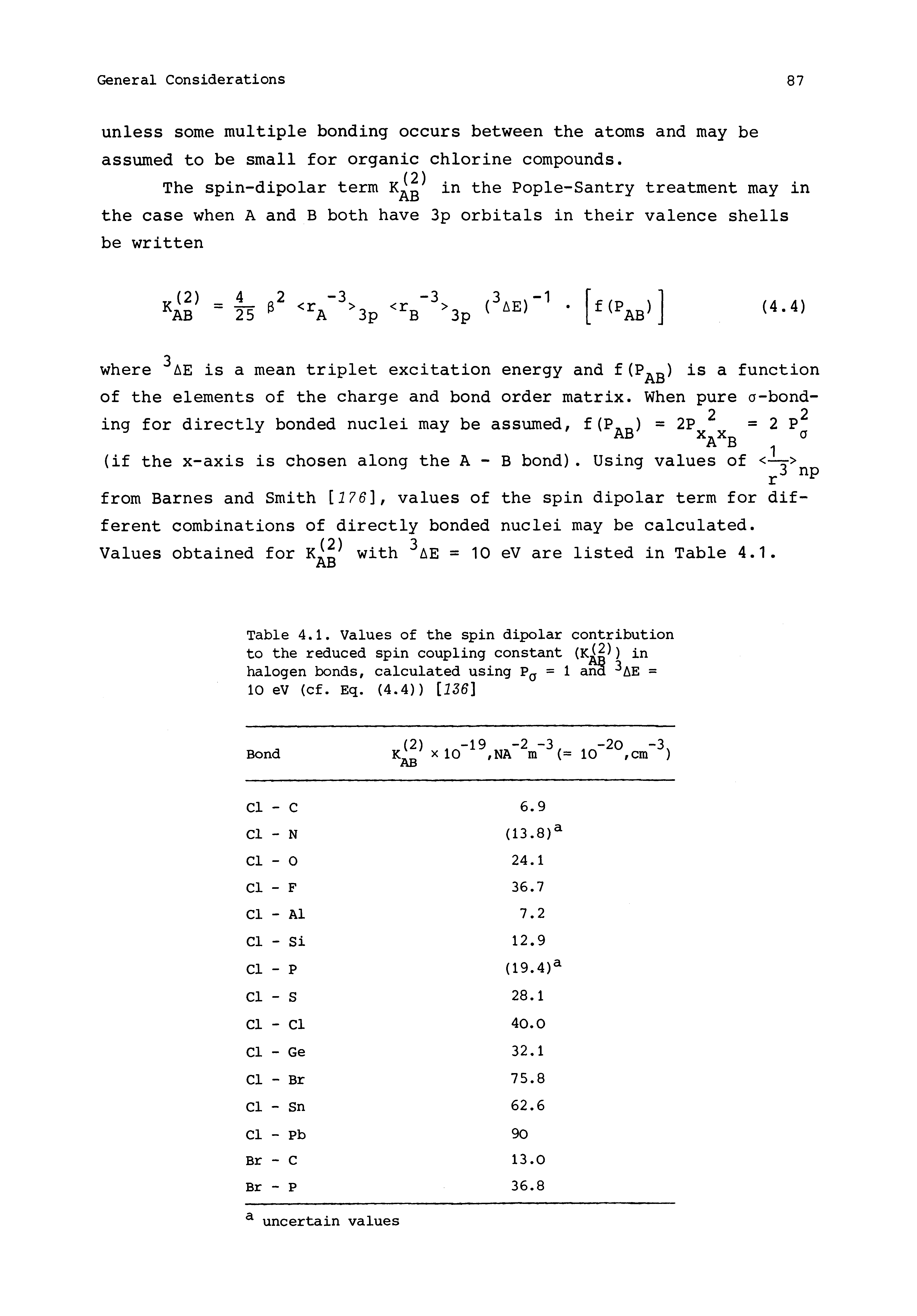 Table 4.1. Values of the spin dipolar contribution to the reduced spin coupling constant (k( )) in halogen bonds, calculated using = 1 and AE =...