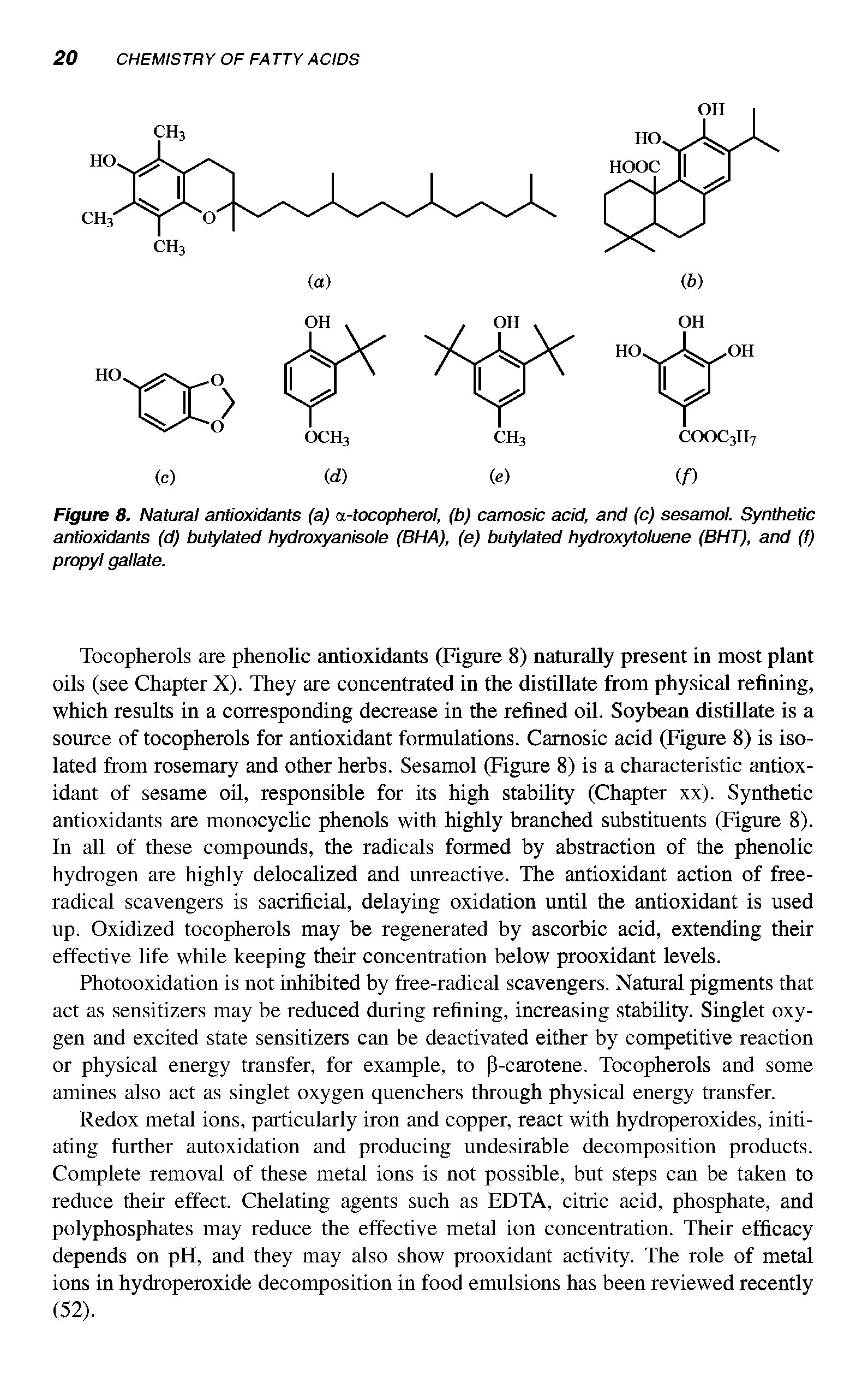 Figure 8. Natural antioxidants (a) a-tocopherol, (b) carnosic acid, and (c) sesamol. Synthetic antioxidants (d) butylated hydroxyanisole (BHA), (e) butylated hydroxytoluene (BHT), and (f) propyl gallate.