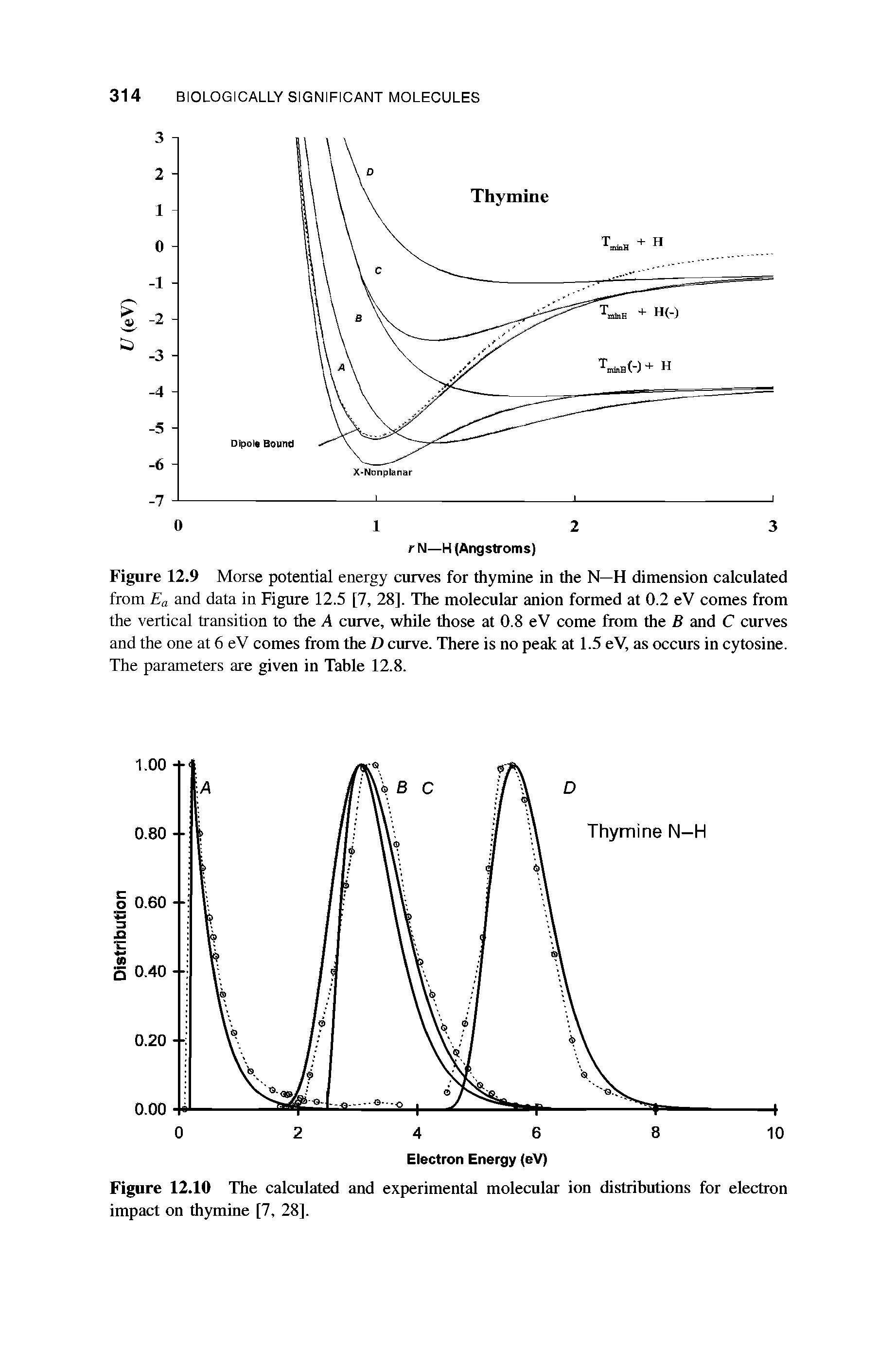 Figure 12.9 Morse potential energy curves for thymine in the N—H dimension calculated from E and data in Figure 12.5 [7, 28]. The molecular anion formed at 0.2 eV comes from the vertical transition to the A curve, while those at 0.8 eV come from the B and C curves and the one at 6 eV comes from the D curve. There is no peak at 1.5 eV, as occurs in cytosine. The parameters are given in Table 12.8.