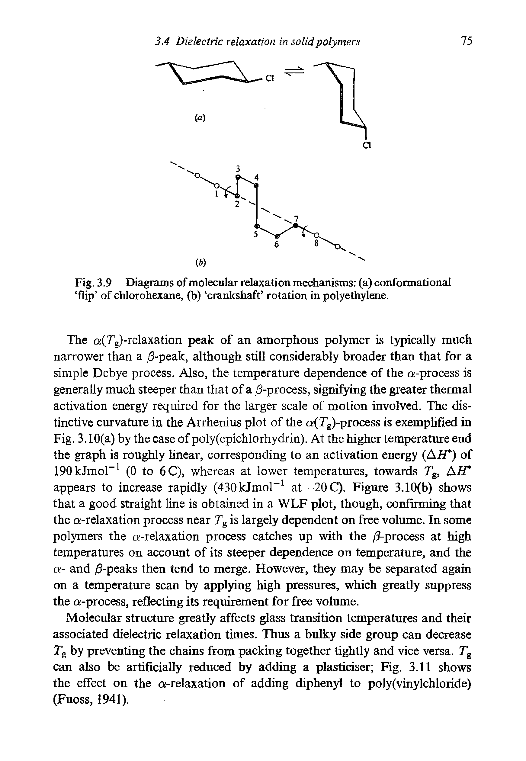 Fig. 3.9 Diagrams of molecular relaxation mechanisms (a) conformational flip of chlorohexane, (b) crankshaft rotation in polyethylene.