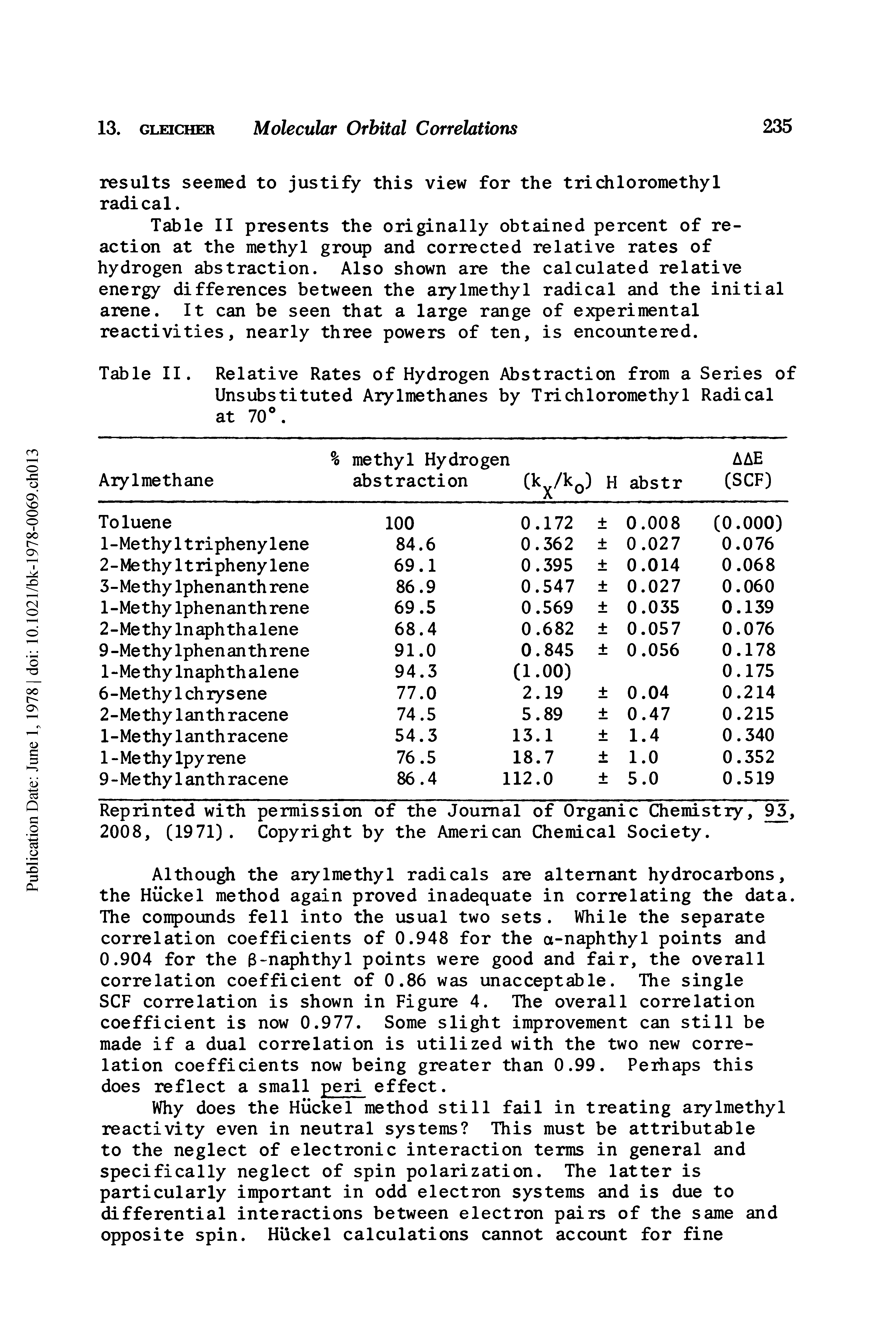 Table II. Relative Rates of Hydrogen Abstraction from a Series of Unsubstituted Arylmethanes by Trichloromethyl Radical at 70 .