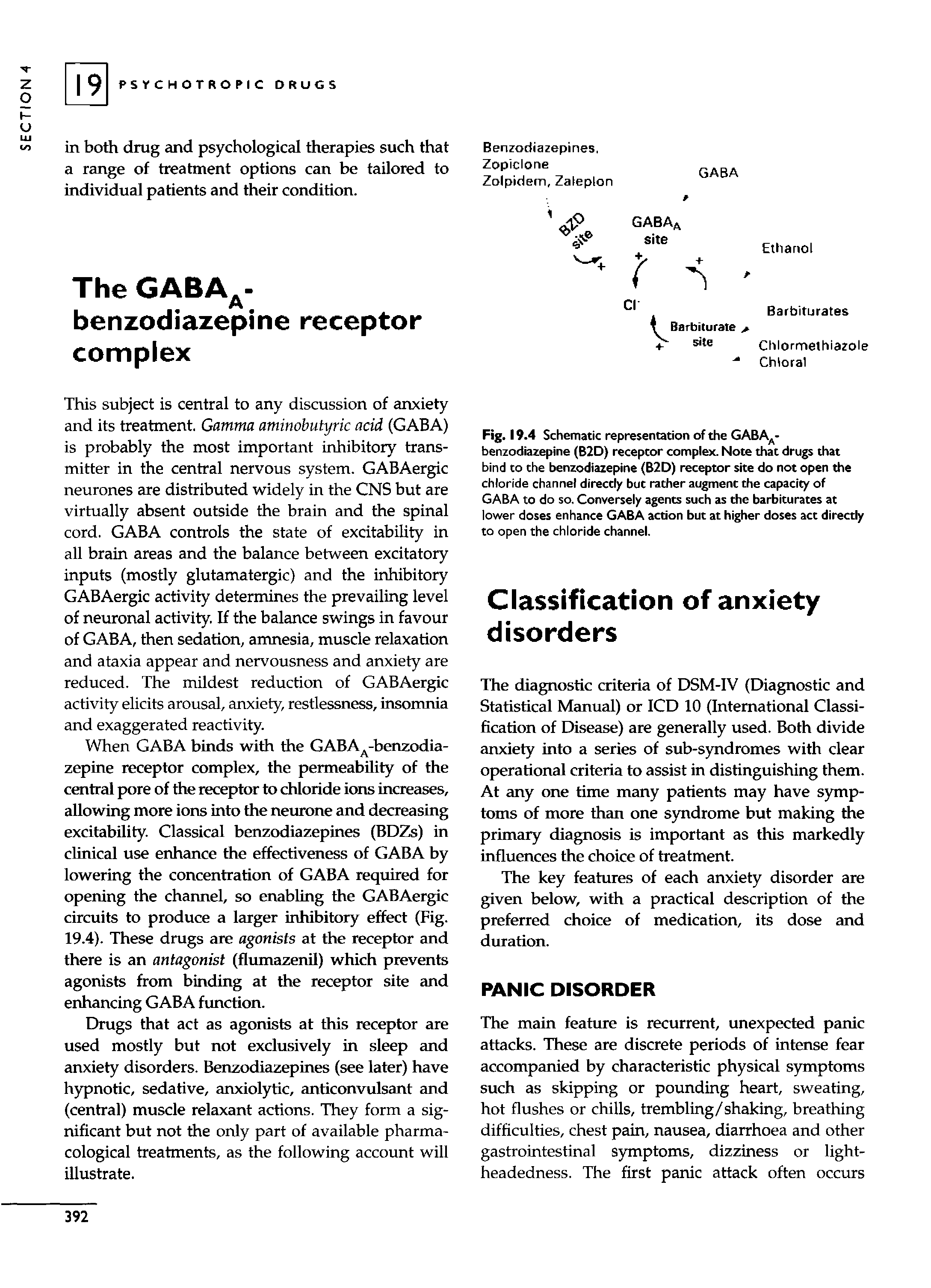 Fig. 19.4 Schematic representation of the GABA, -benzodiazepine (B2D) receptor complex. Note that drugs that bind to the benzodiazepine (B2D) receptor site do not open the chloride channel directly but rather augment the capacity of GABA to do so. Conversely agents such as the barbiturates at lov er doses enhance GABA action but at higher doses act directly to open the chloride channel.