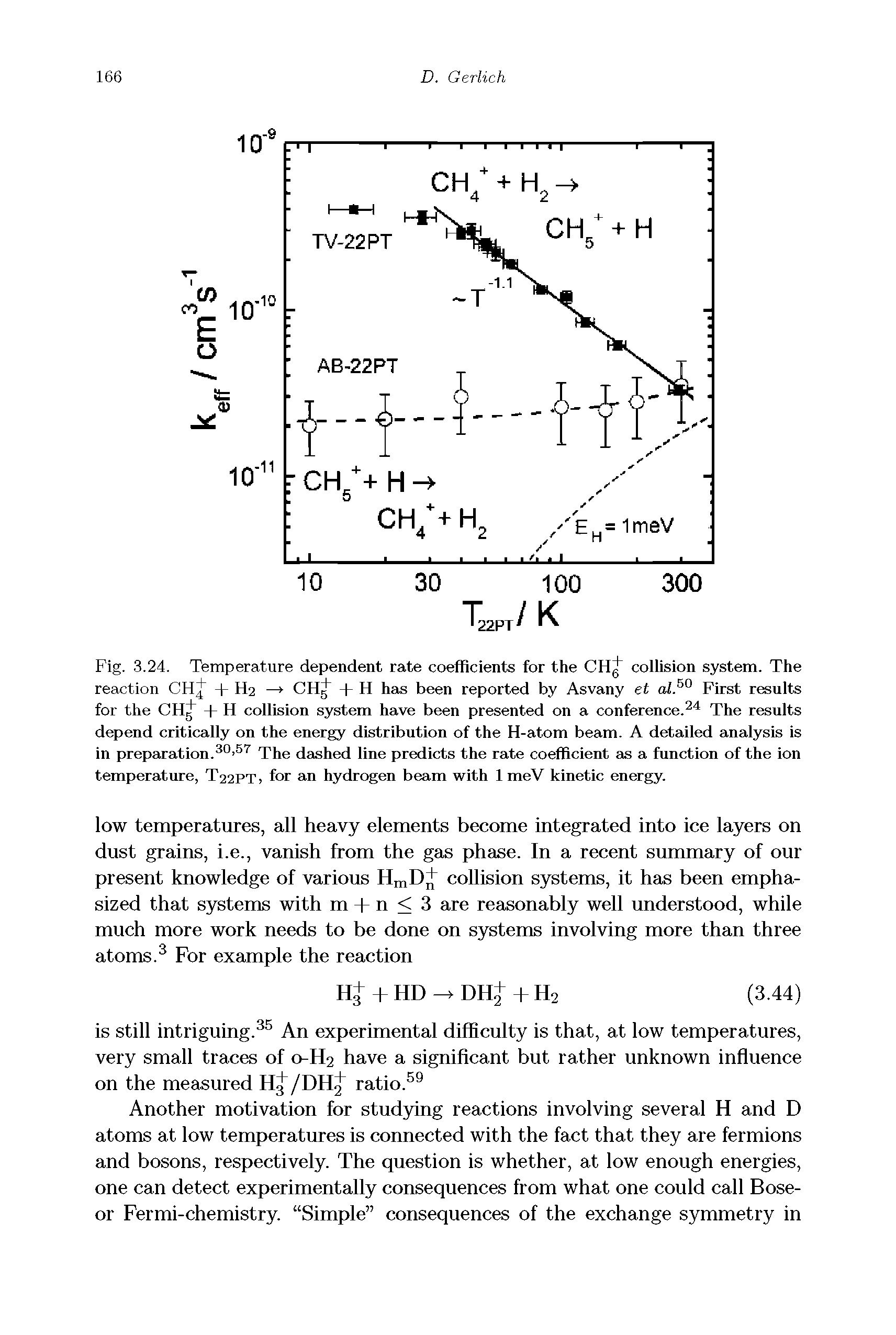 Fig. 3.24. Temperature dependent rate coefficients for the CHJ collision system. The reaction CHJ + H2 — CH + H has been reported by Asvany et ol. First results for the CH + H collision system have been presented on a conference. " The results depend critically on the energy distribution of the H-atom beam. A detailed analysis is in preparation. The dashed line predicts the rate coefficient as a function of the ion temperature, T22PT > for an hydrogen beam with 1 meV kinetic energy.
