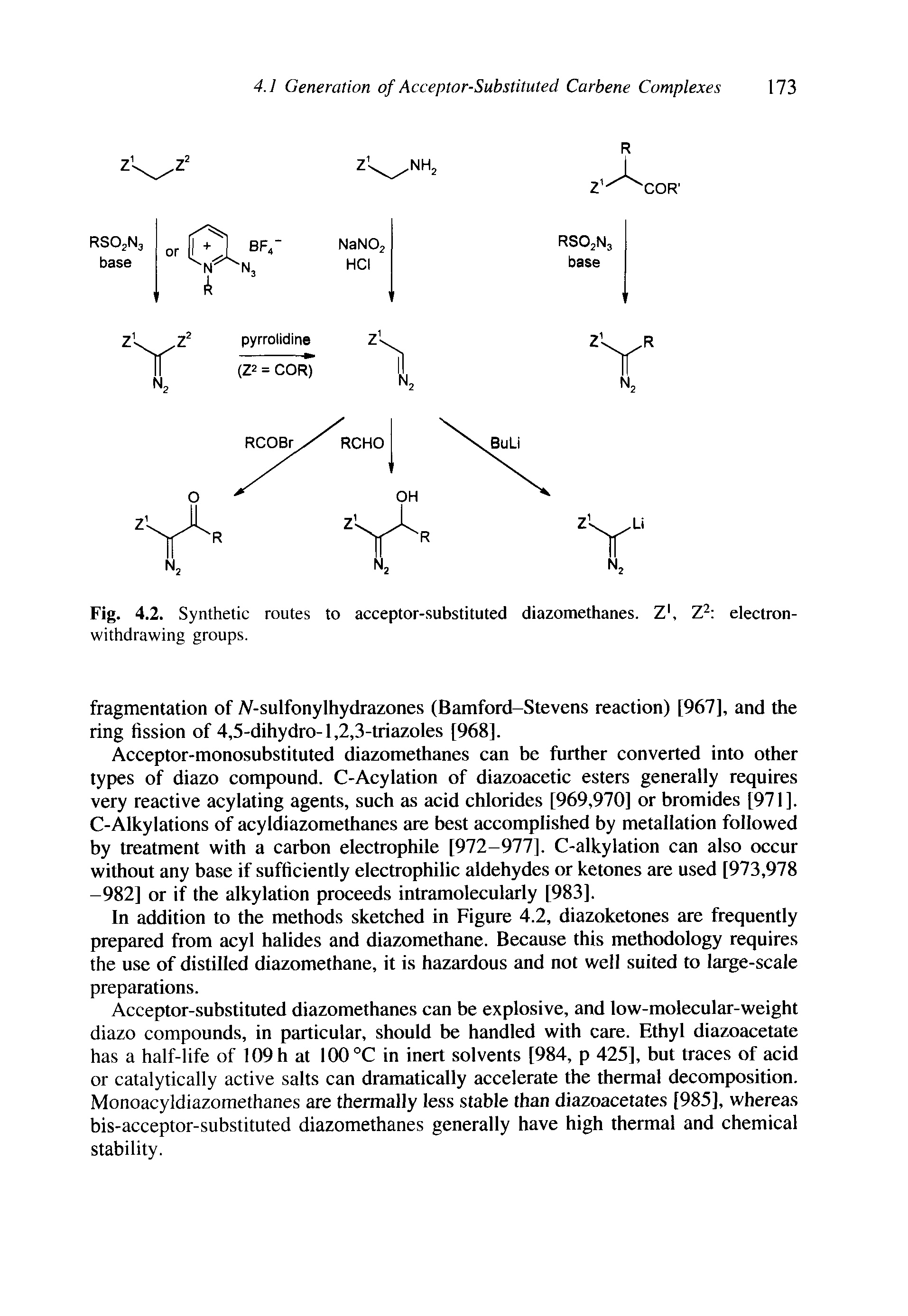 Fig. 4.2. Synthetic routes to acceptor-substituted diazomethanes. Z, Z electron-...