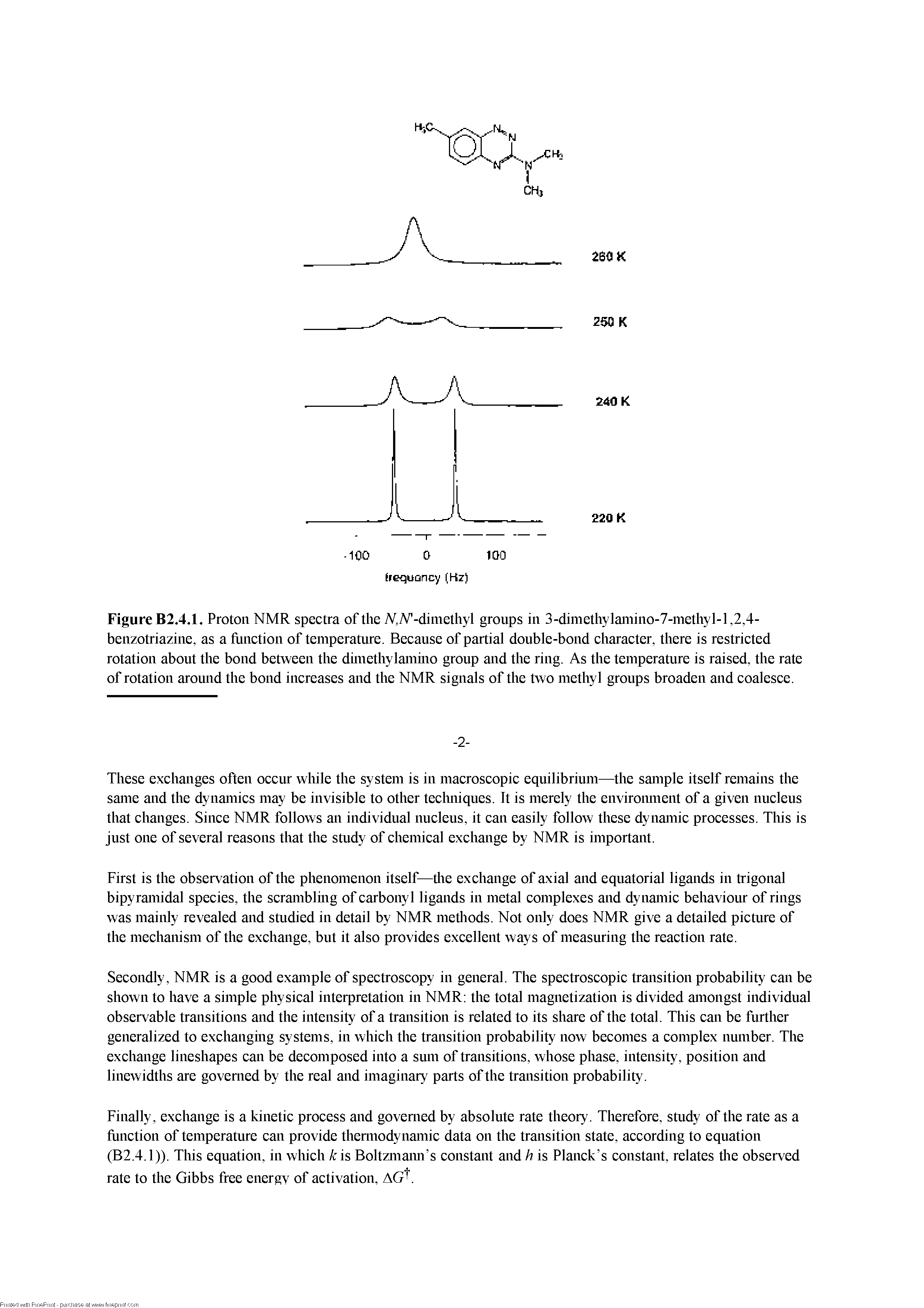 Figure B2.4.1. Proton NMR spectra of the -dimethyl groups in 3-dimethylamino-7-methyl-l,2,4-benzotriazine, as a fiinction of temperature. Because of partial double-bond character, there is restricted rotation about the bond between the dunethylammo group and the ring. As the temperature is raised, the rate of rotation around the bond increases and the NMR signals of the two methyl groups broaden and coalesce.