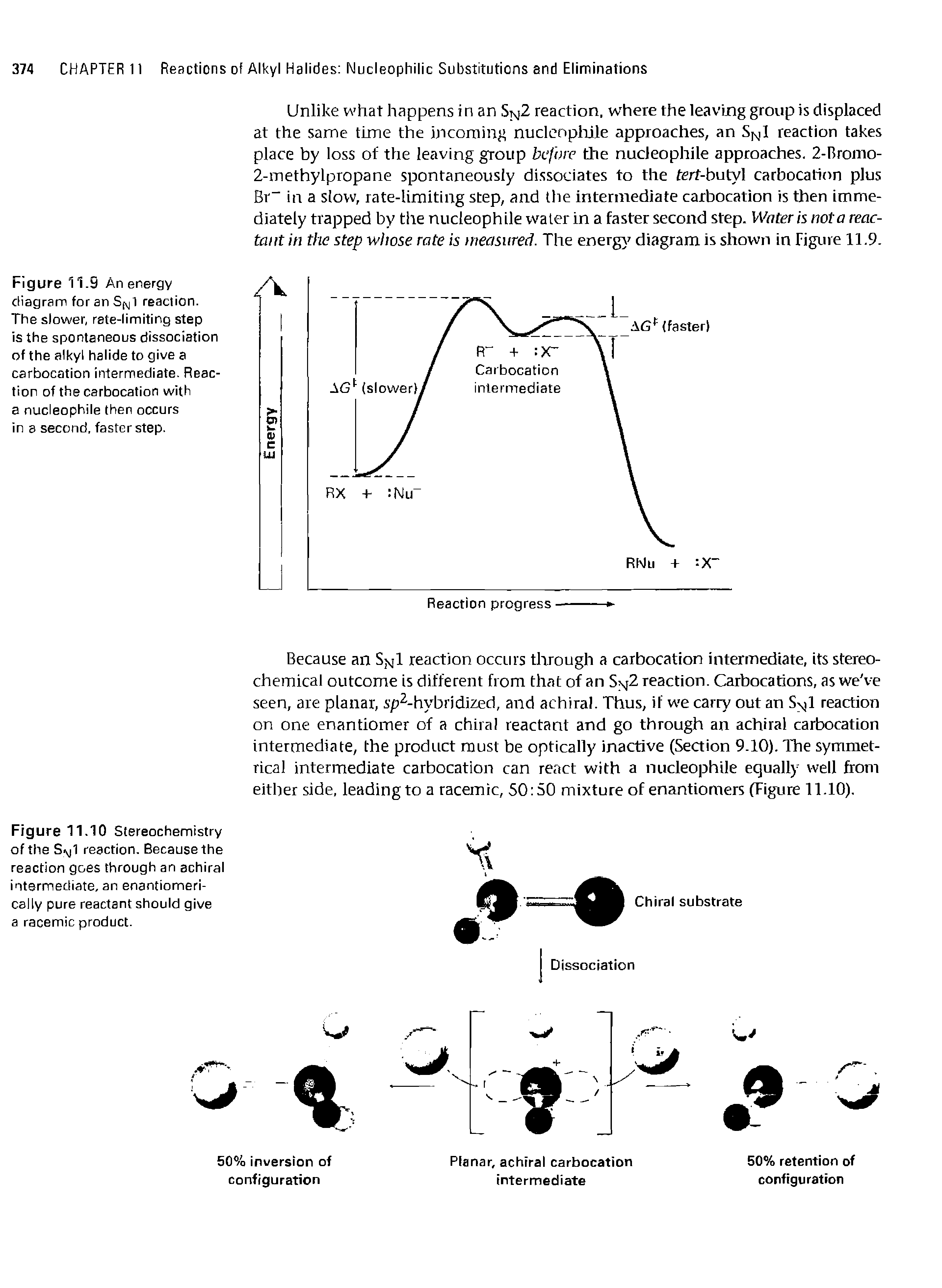 Figure 11.10 Stereochemistry of the S j1 reaction. Because the reaction goes through an achiral intermediate, an enantiomeri-cally pure reactant should give a racemic product.