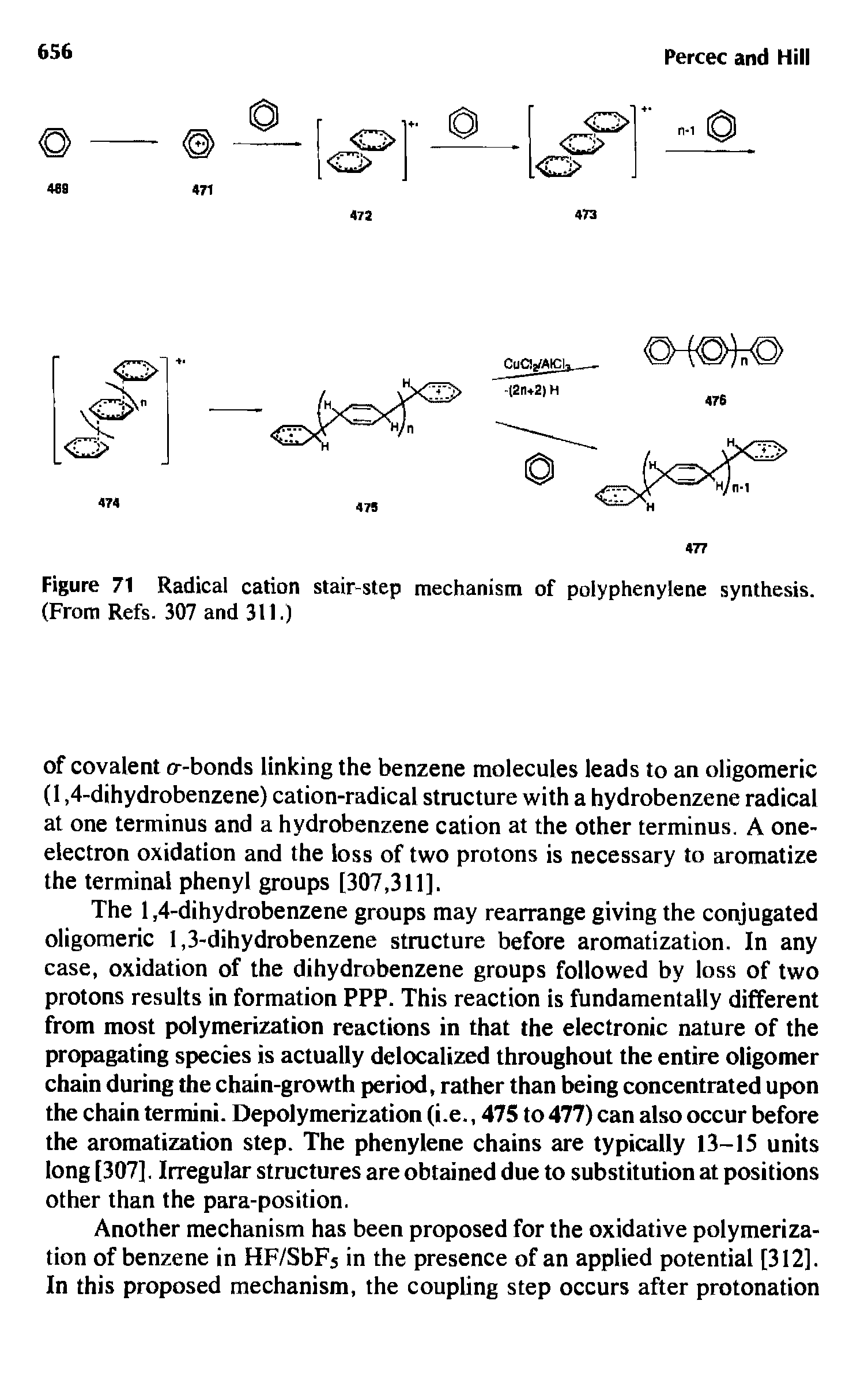 Figure 71 Radical cation stair step mechanism of polyphenylene synthesis. (From Refs. 307 and 311.)...