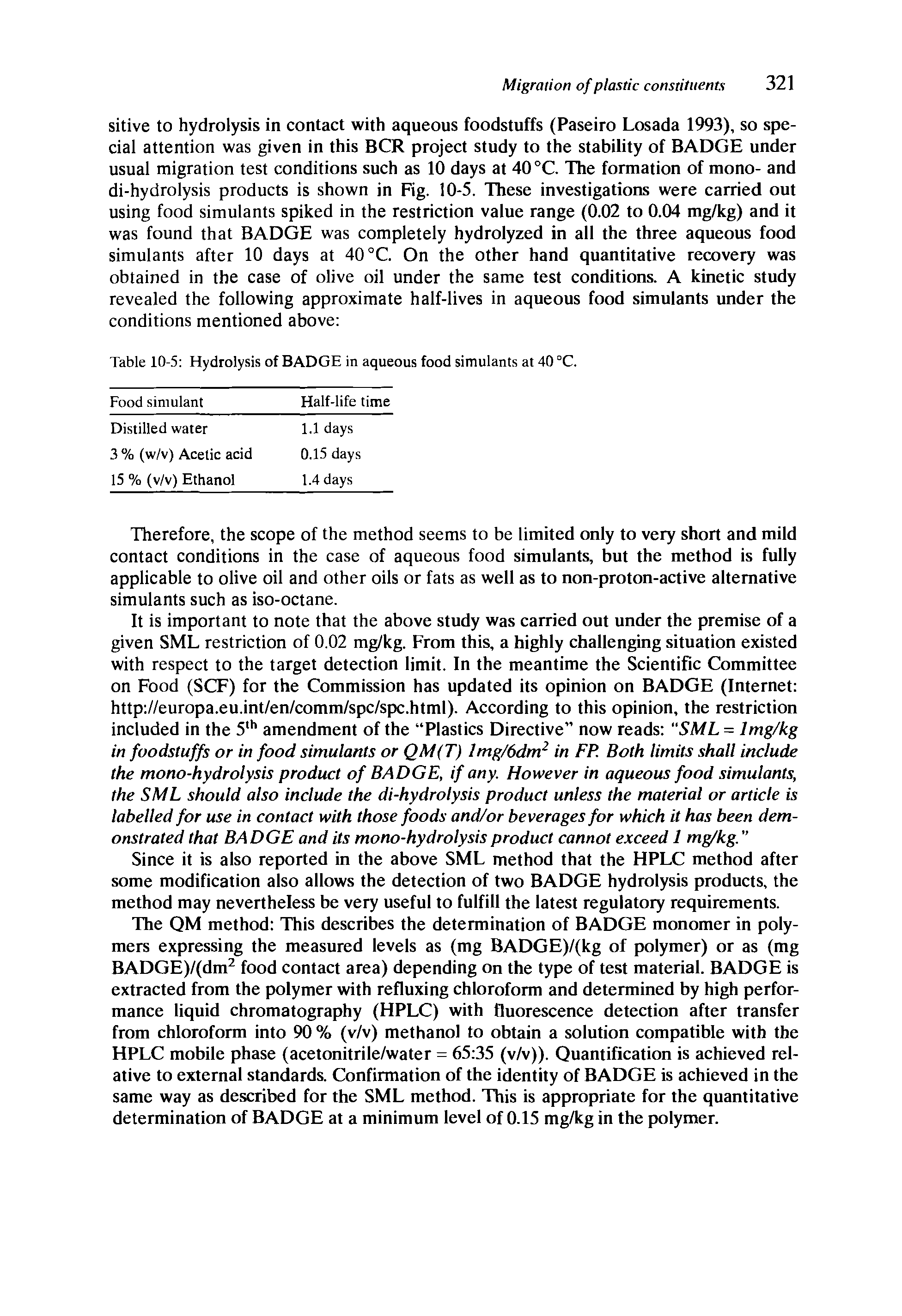 Table 10-5 Hydrolysis of BADGE in aqueous food simulants at 40 °C.