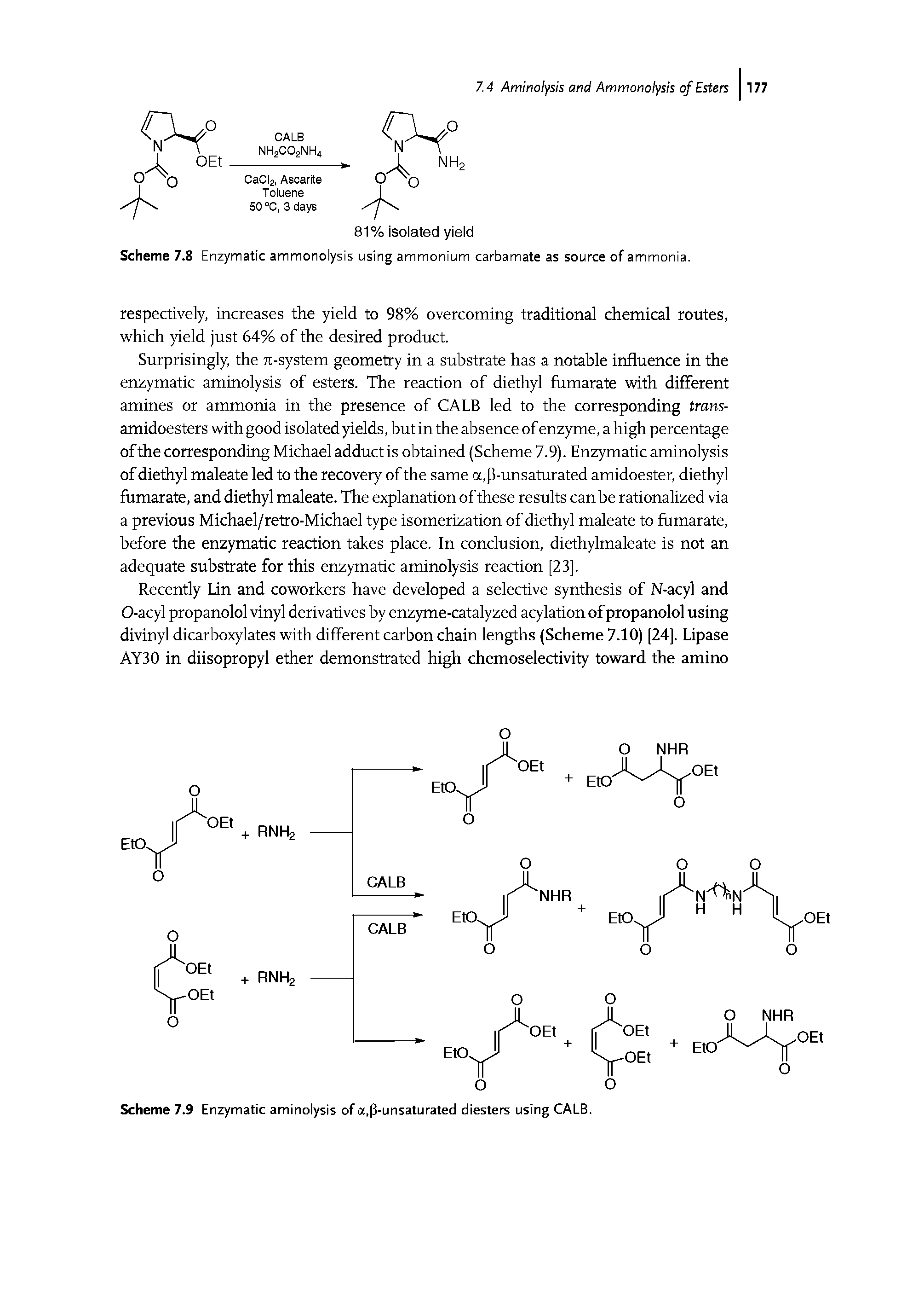 Scheme 7.9 Enzymatic aminolysis of a,p-unsaturated diesters using CALB.