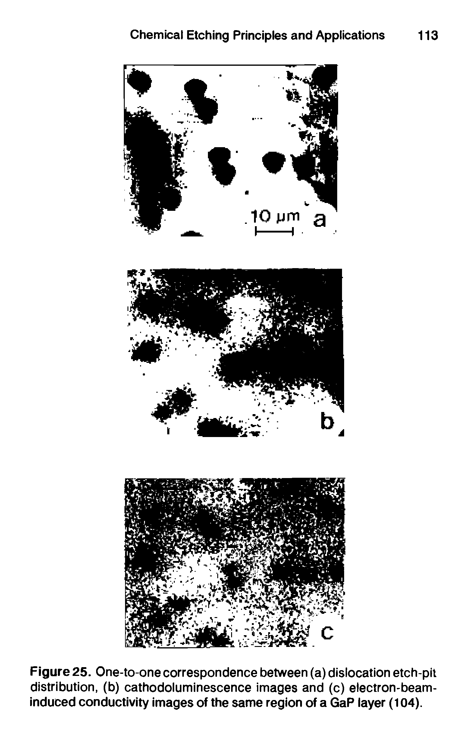 Figure 25. One-to-one correspondence between (a) dislocation etch-pit distribution, (b) cathodoluminescence images and (c) electron-beam-induced conductivity images of the same region of a GaP layer (104).
