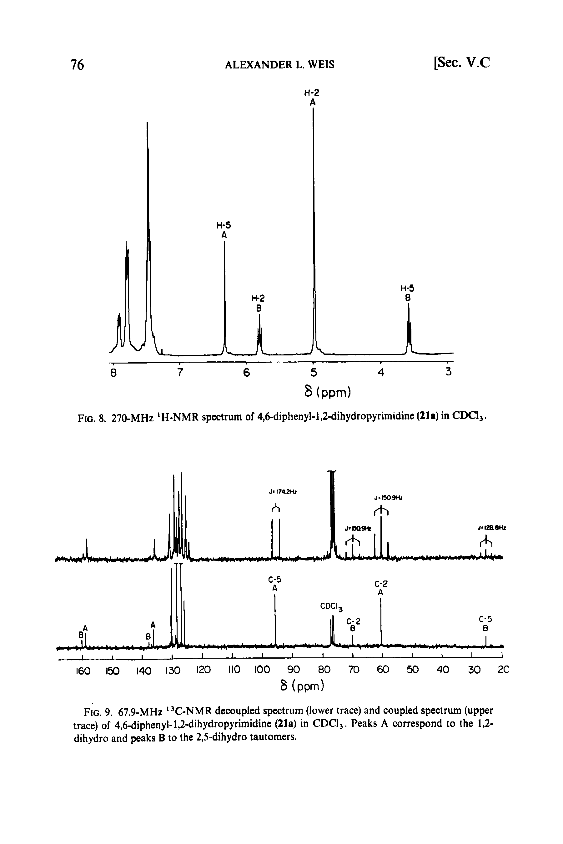 Fig. 9. 67.9-MHz 13C-NMR decoupled spectrum (lower trace) and coupled spectrum (upper trace) of 4,6-diphenyl- 1,2-dihydropyrimidine (21a) in CDC13. Peaks A correspond to the 1,2-dihydro and peaks B to the 2,5-dihydro tautomers.