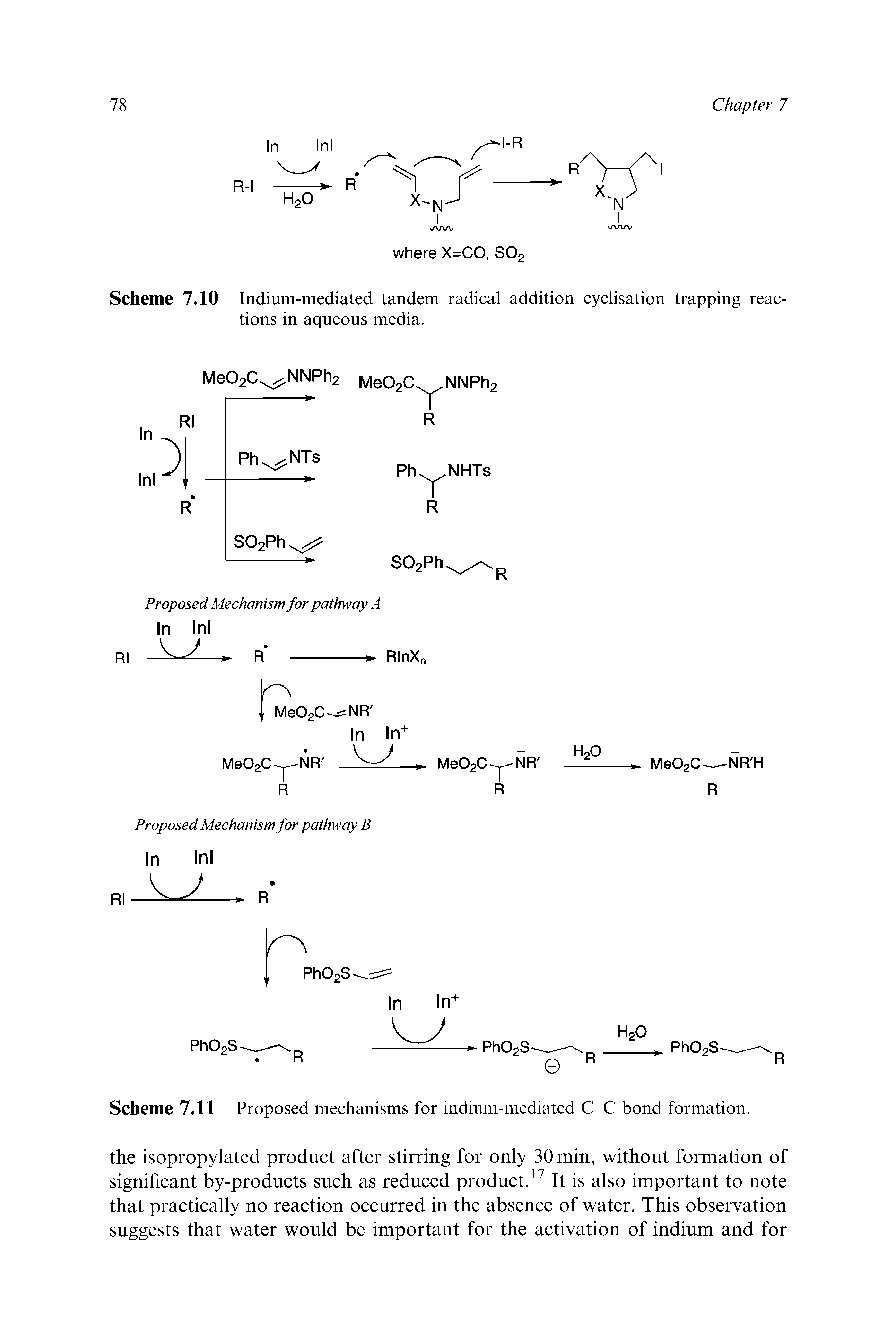 Scheme 7.10 Indium-mediated tandem radical addition-cyclisation-trapping reactions in aqueous media.