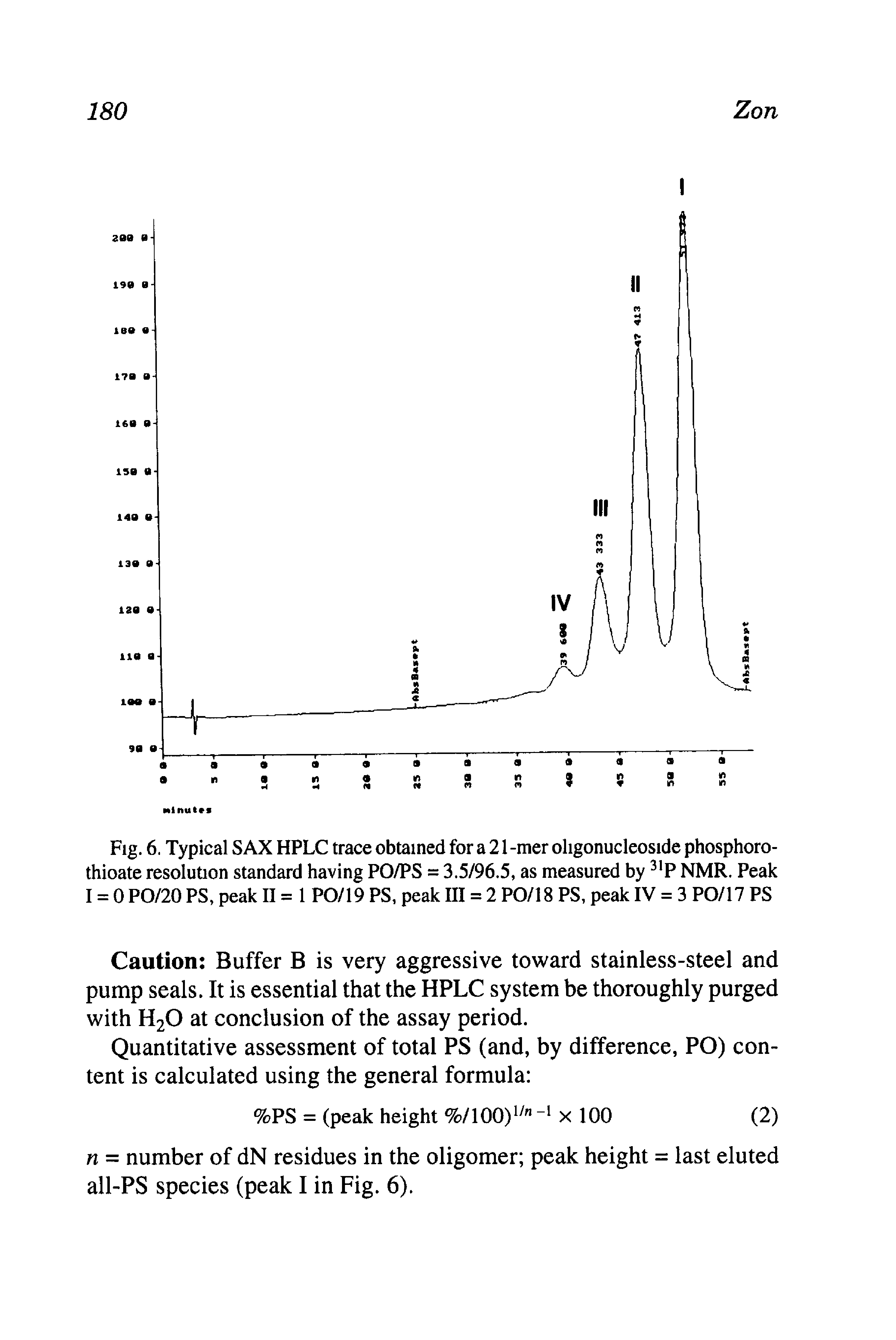 Fig. 6. Typical SAX HPLC trace obtained for a 21 -mer oligonucleoside phosphoro-thioate resolution standard having PO/PS = 3.5/96.5, as measured by P NMR. Peak I = 0 PO/20 PS, peak II = 1 PO/19 PS, peak ffl = 2 PO/18 PS, peak IV = 3 PO/17 PS...