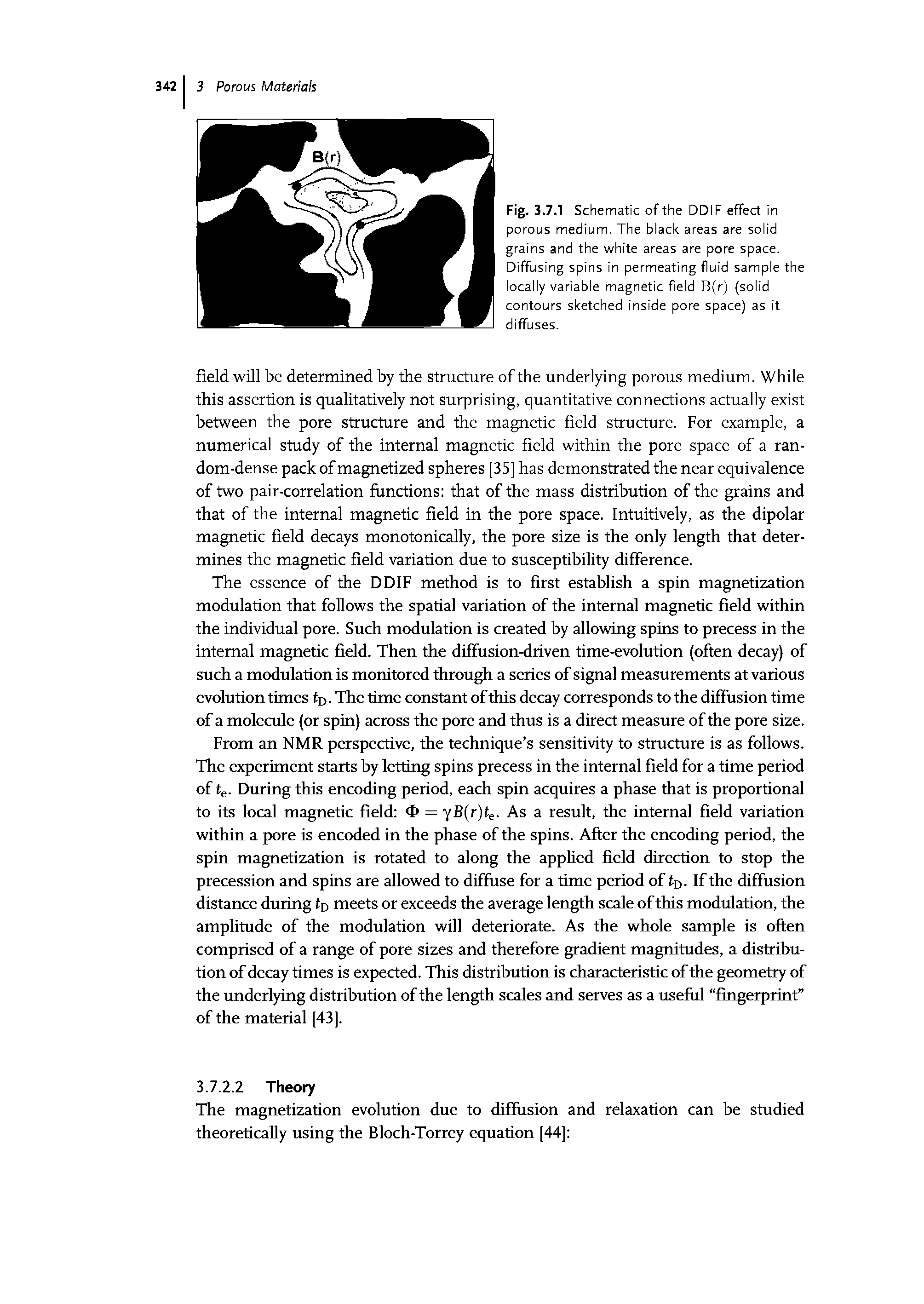Fig. 3.7.1 Schematic of the DDIF effect in porous medium. The black areas are solid grains and the white areas are pore space. Diffusing spins in permeating fluid sample the locally variable magnetic field B(r) (solid contours sketched inside pore space) as it diffuses.