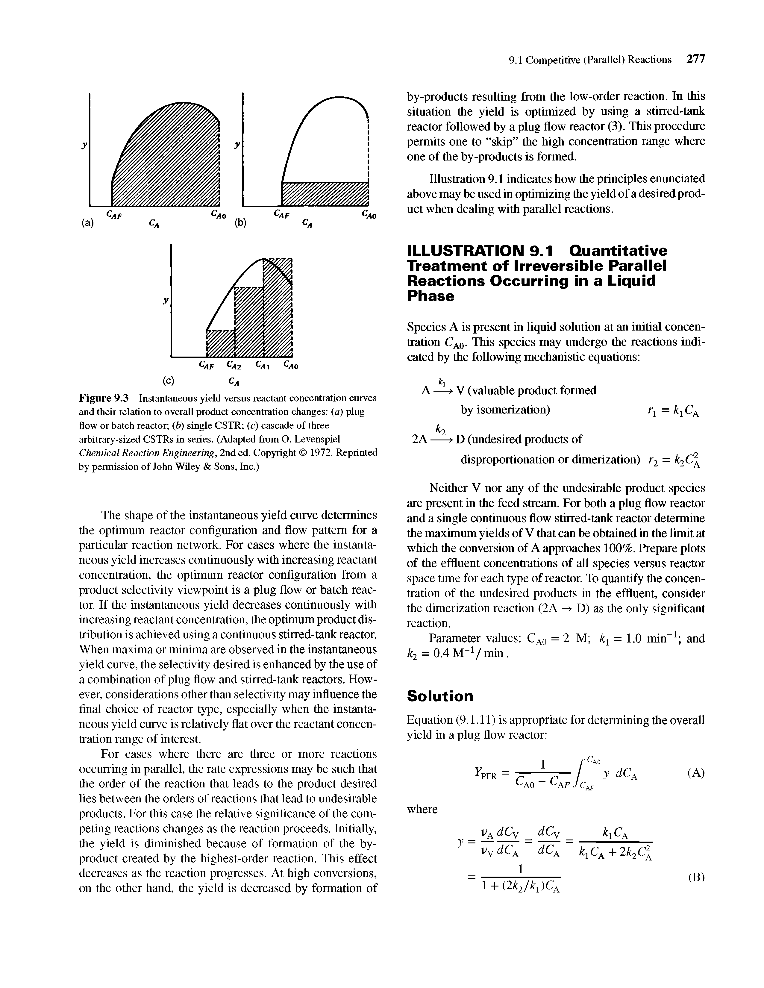 Figure 9.3 Instantaneous yield versus reactant concentration curves and their relation to overall product concentration changes (a) plug flow or batch reactor, (b) single CSTR (c) cascade of three arbitrary-sized CSTRs in series. (Adapted from O. Levenspiel...