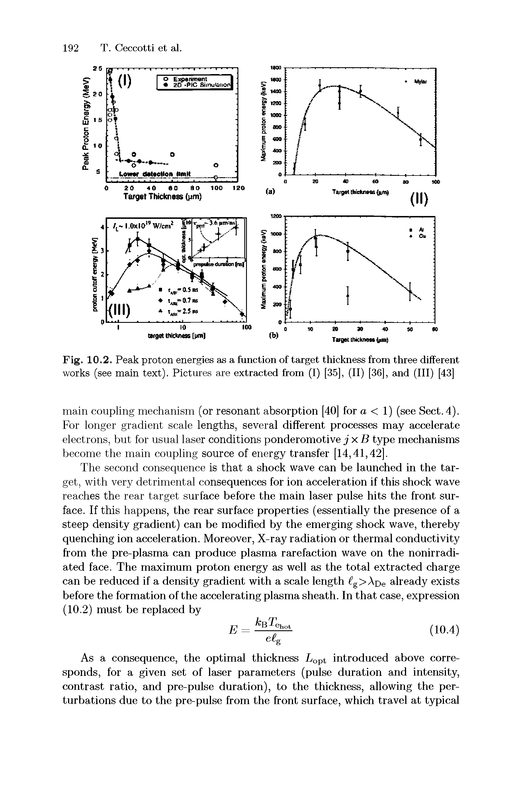 Fig. 10.2. Peak proton energies as a function of target thickness from three different works (see main text). Pictures are extracted from (I) [35], (II) [36], and (III) [43]...