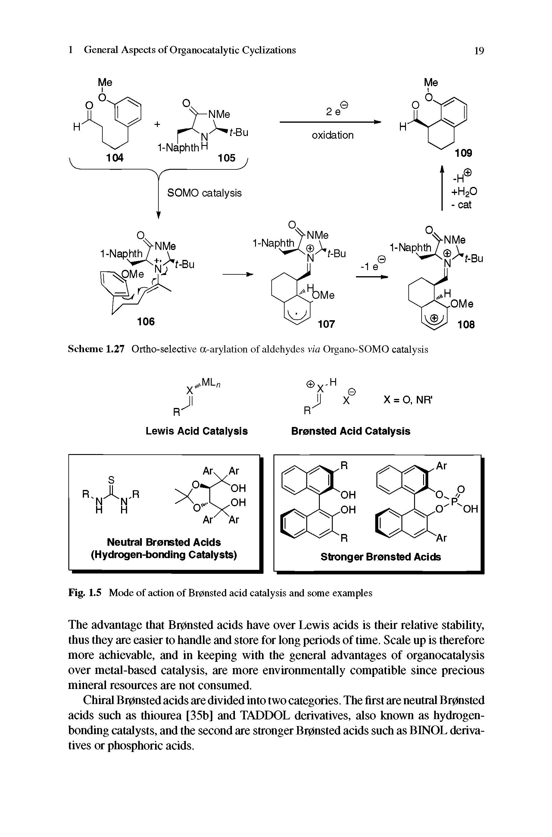 Fig. 1.5 Mode of action of Brpnsted acid catalysis and some examples...