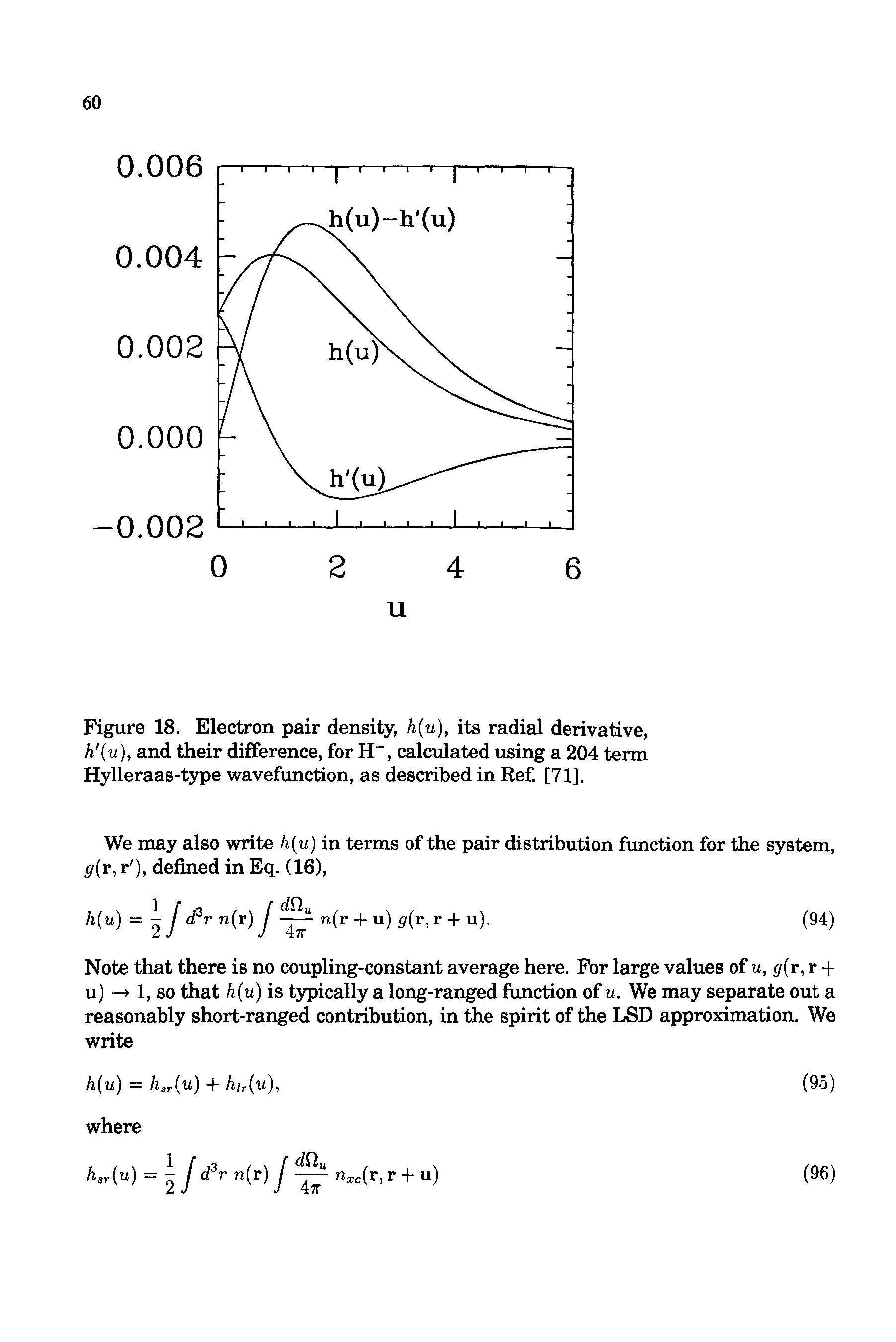 Figure 18. Electron pair density, h(u), its radial derivative, h (u ), and their difference, for H, calculated using a 204 term Hylleraas-type wavefunction, as described in Ref. [71],...