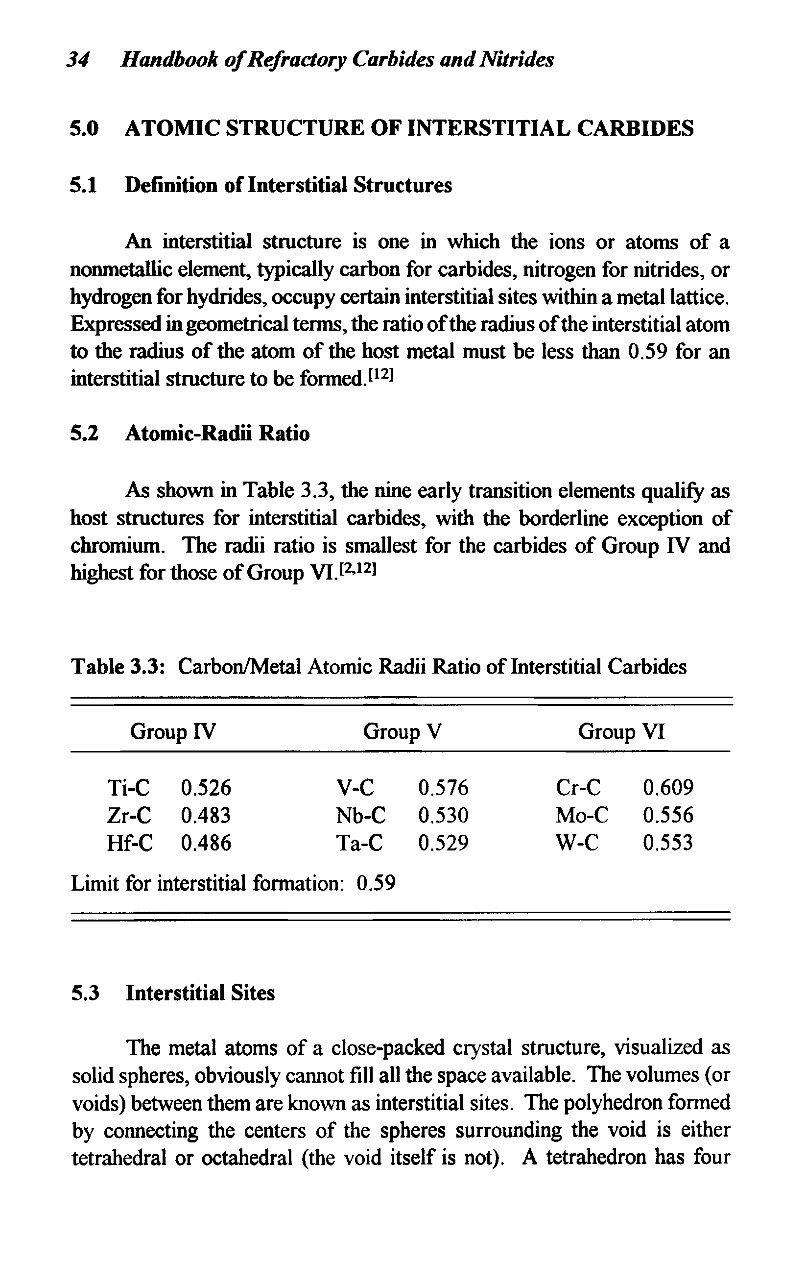 Table 3.3 Carbon/Metal Atomic Radii Ratio of Interstitial Carbides...