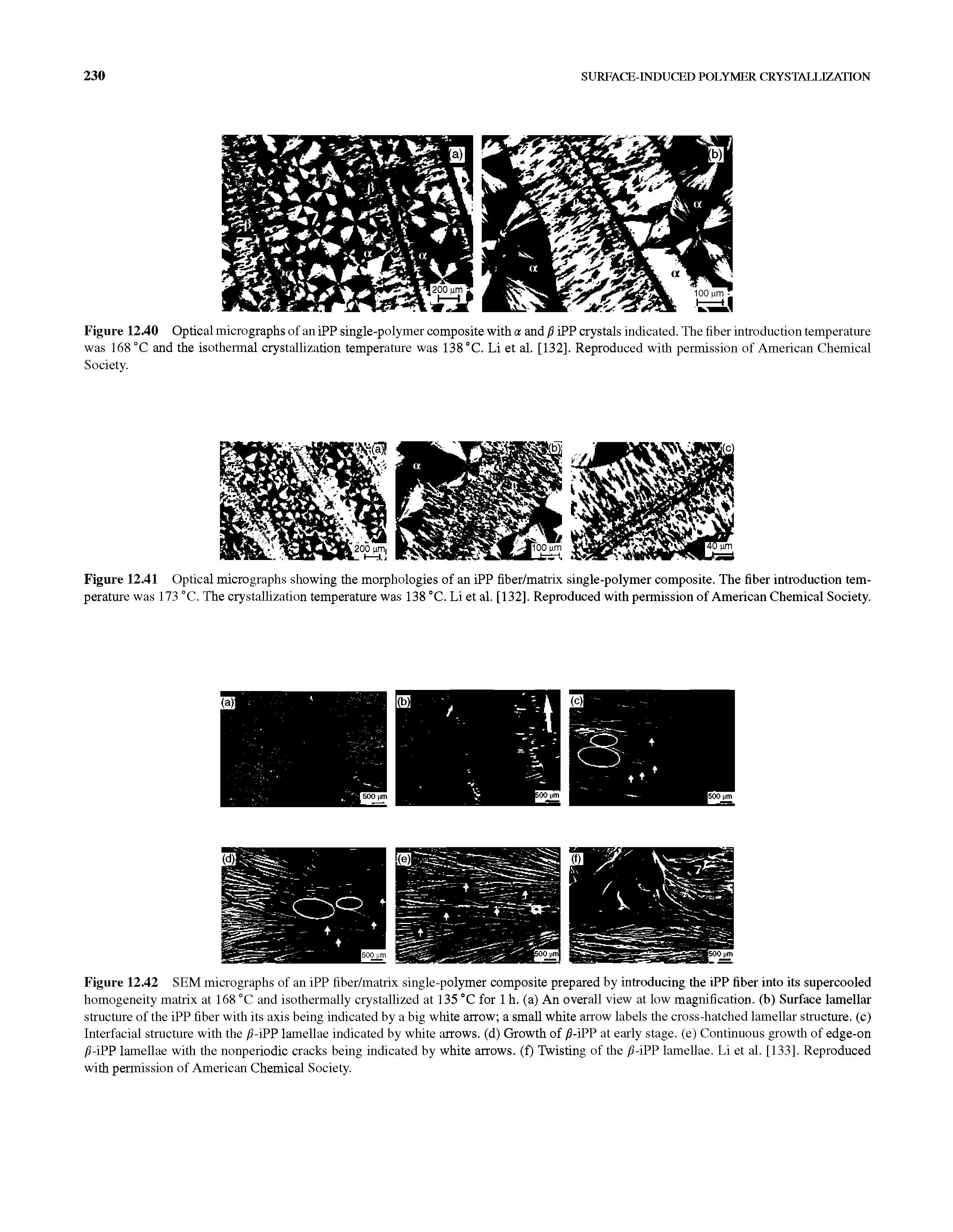 Figure 12.41 Optical micrographs showing the morphologies of an iPP fiber/matrix single-polymer composite. The fiber introduction temperature was 173 °C. The crystallization temperature was 138 °C. Li et al. [132]. Reproduced with permission of American Chemical Society.