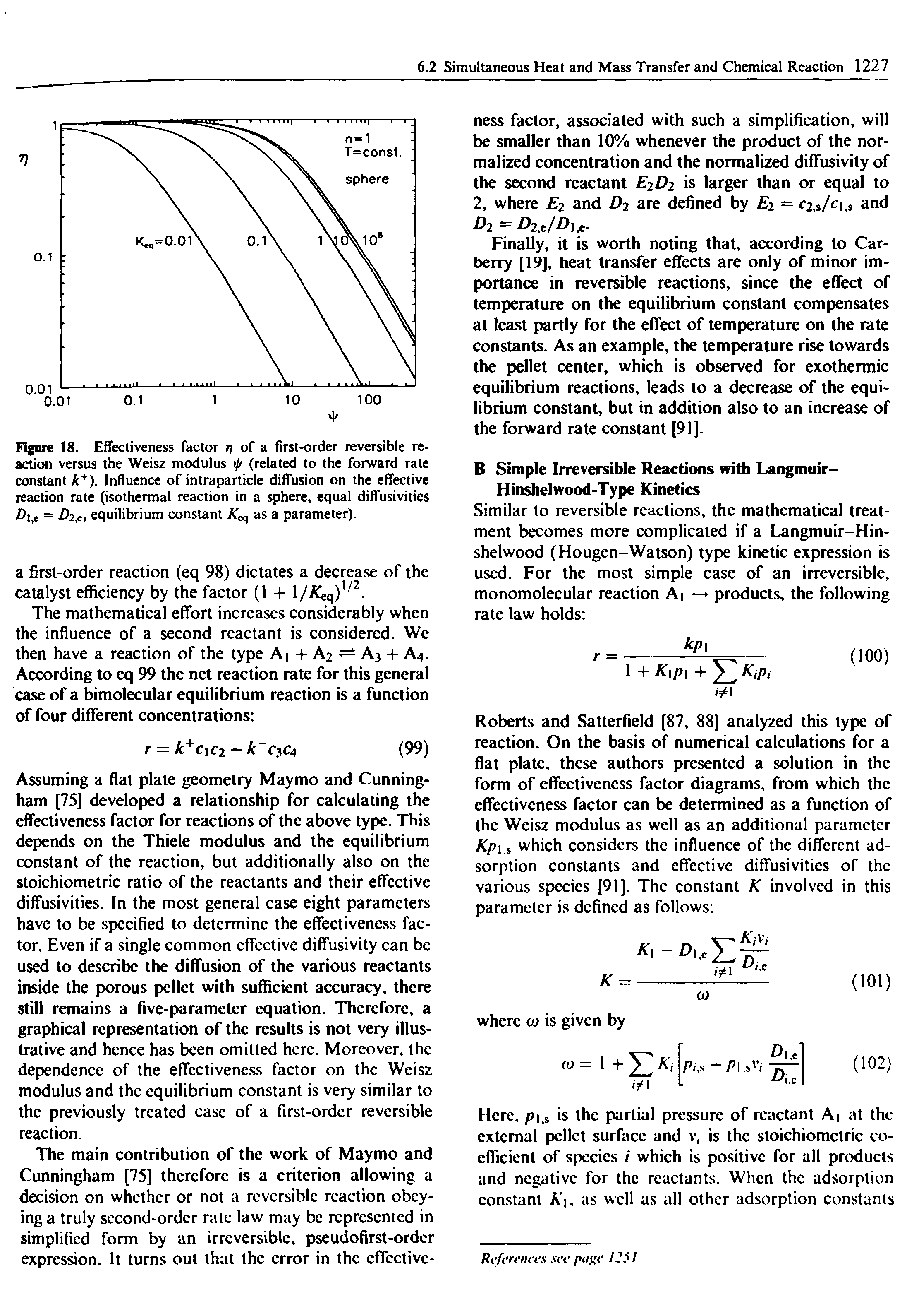 Figure 18. Effectiveness factor rj of a first-order reversible reaction versus the Weisz modulus ip (related to the forward rate constant k+). Influence of intraparticle diffusion on the effective reaction rate (isothermal reaction in a sphere, equal diffusivitics i,e = Die, equilibrium constant as a parameter).