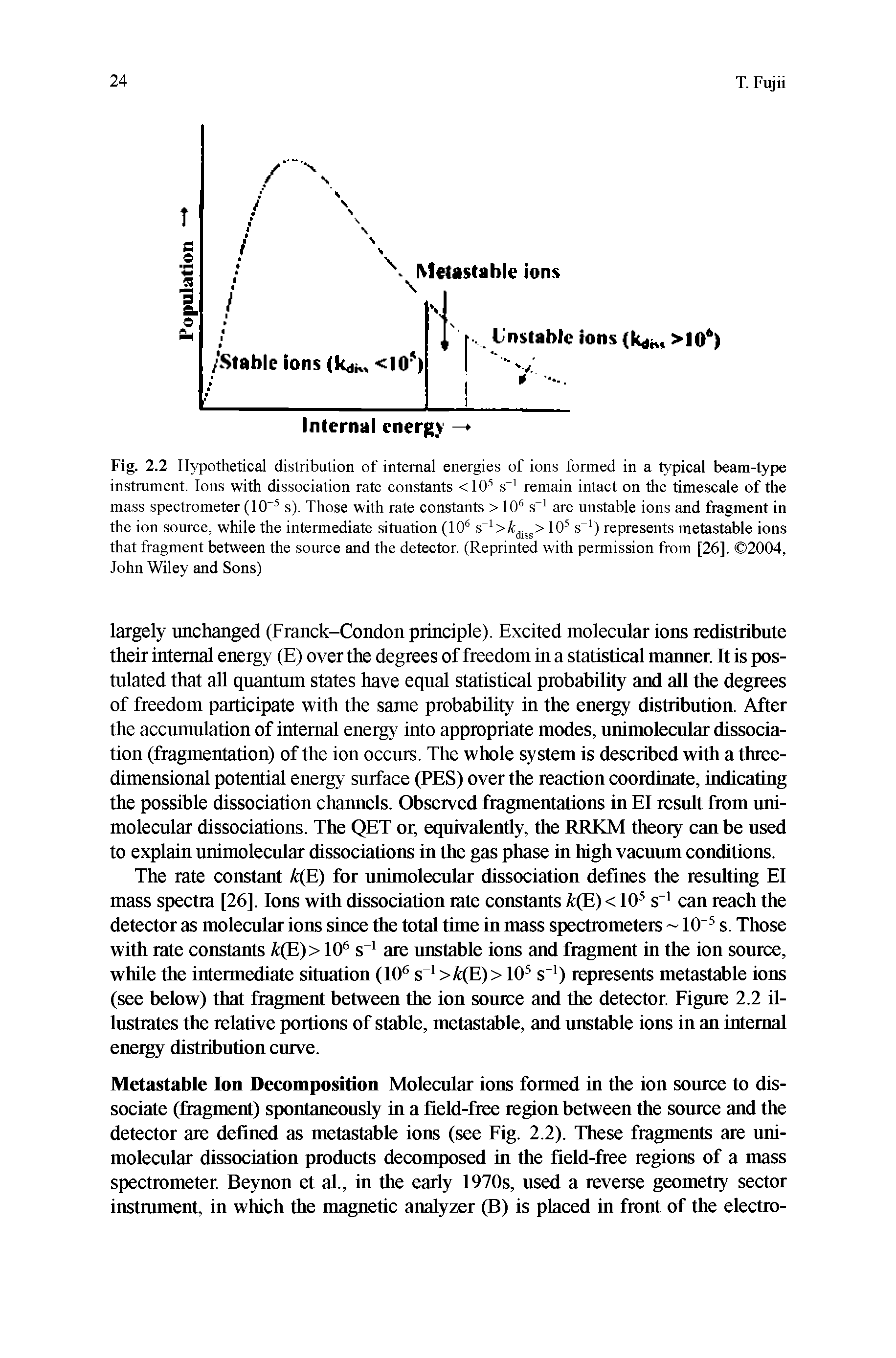 Fig. 2.2 Hypothetical distribution of internal energies of ions formed in a typical beam-type instrument. Ions with dissociation rate constants <10 s" remain intact on the timescale of the mass spectrometer (10 s). Those with rate constants > 10 s" are unstable ions and fragment in the ion source, while the intermediate situation (10 10 s" ) represents metastable ions...