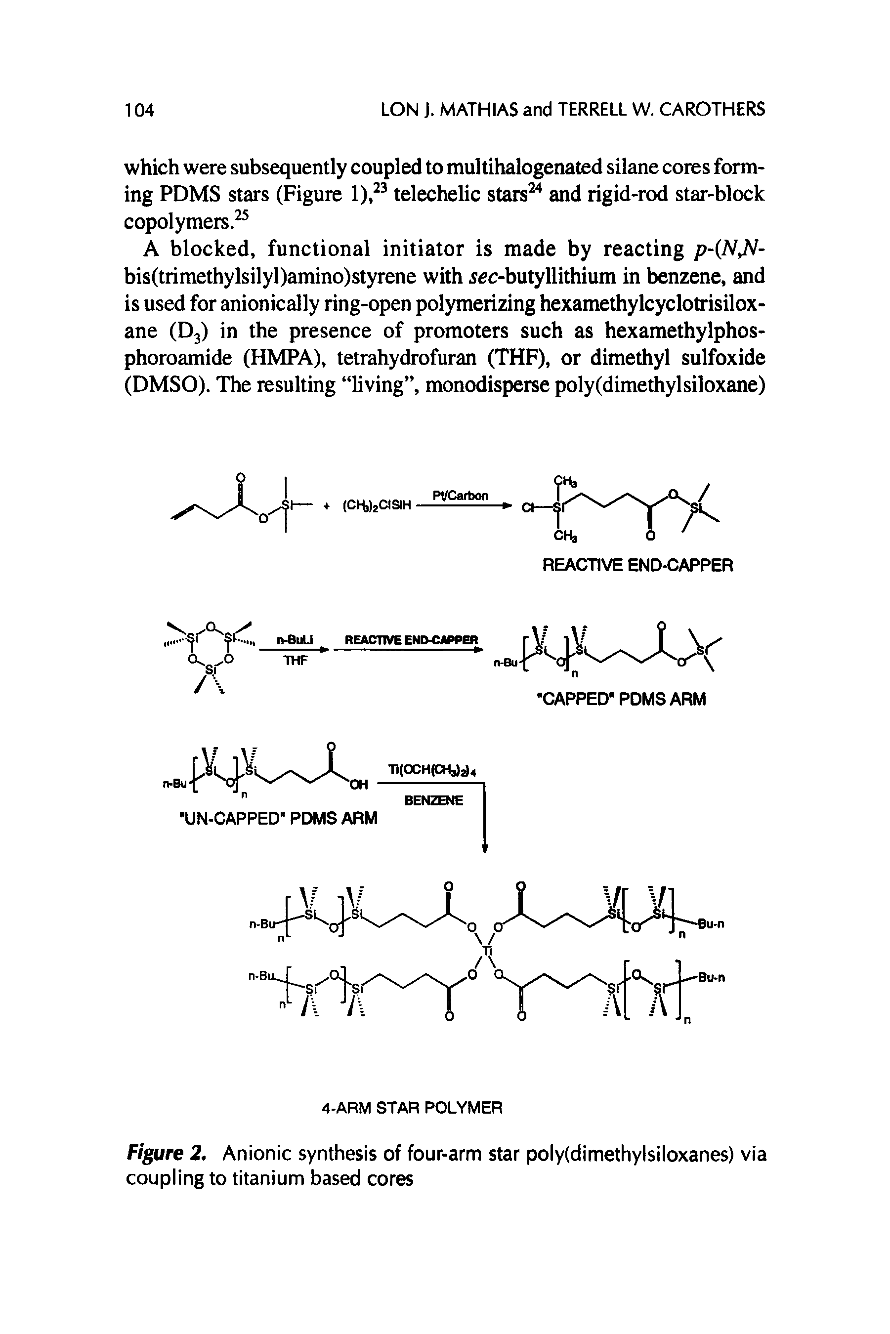 Figure 2. Anionic synthesis of four-arm star poly(dimethylsiloxanes) via coupling to titanium based cores...