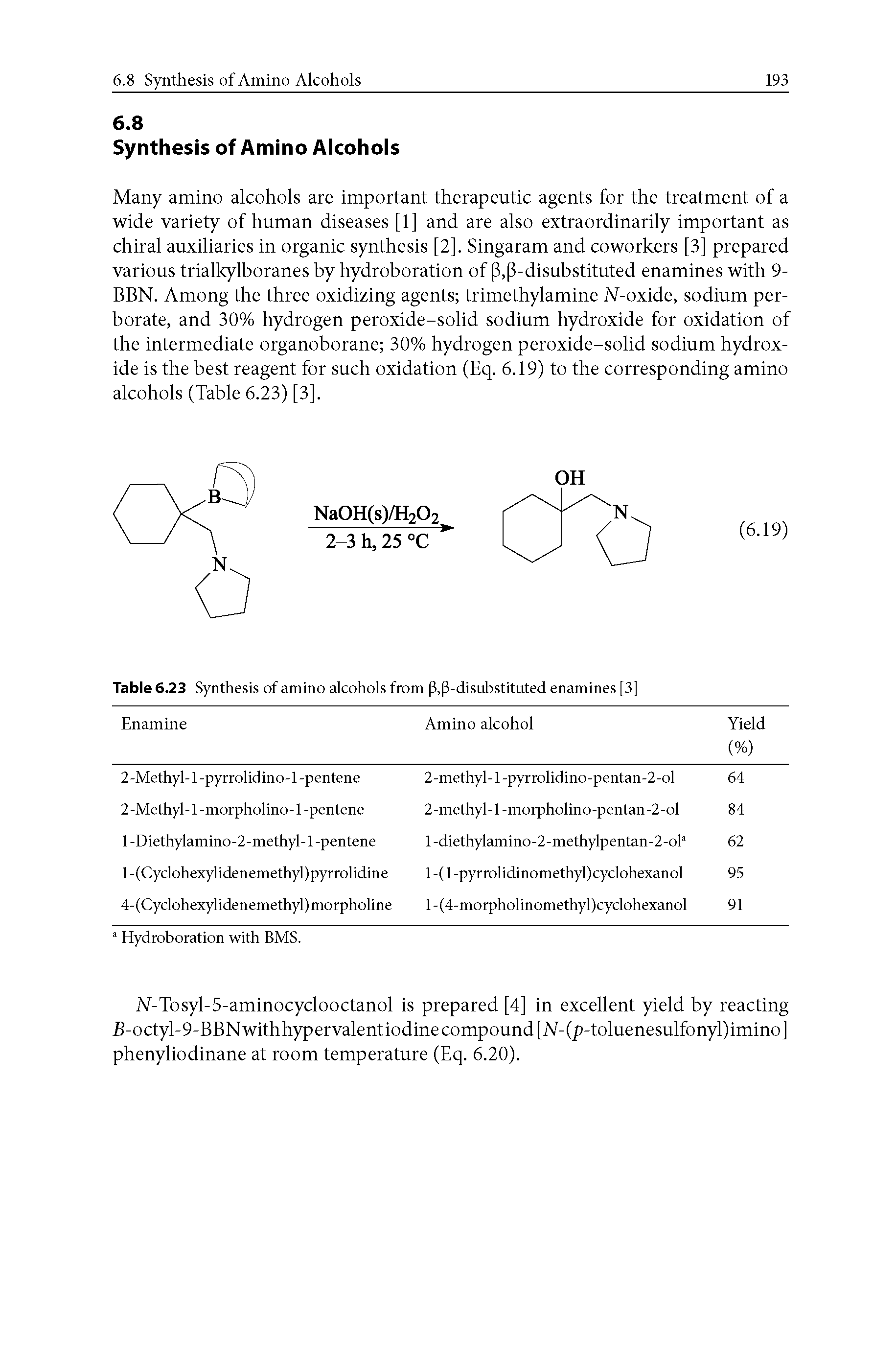 Table 6.23 Synthesis of amino alcohols from p,p-disubstituted enamines [3]...