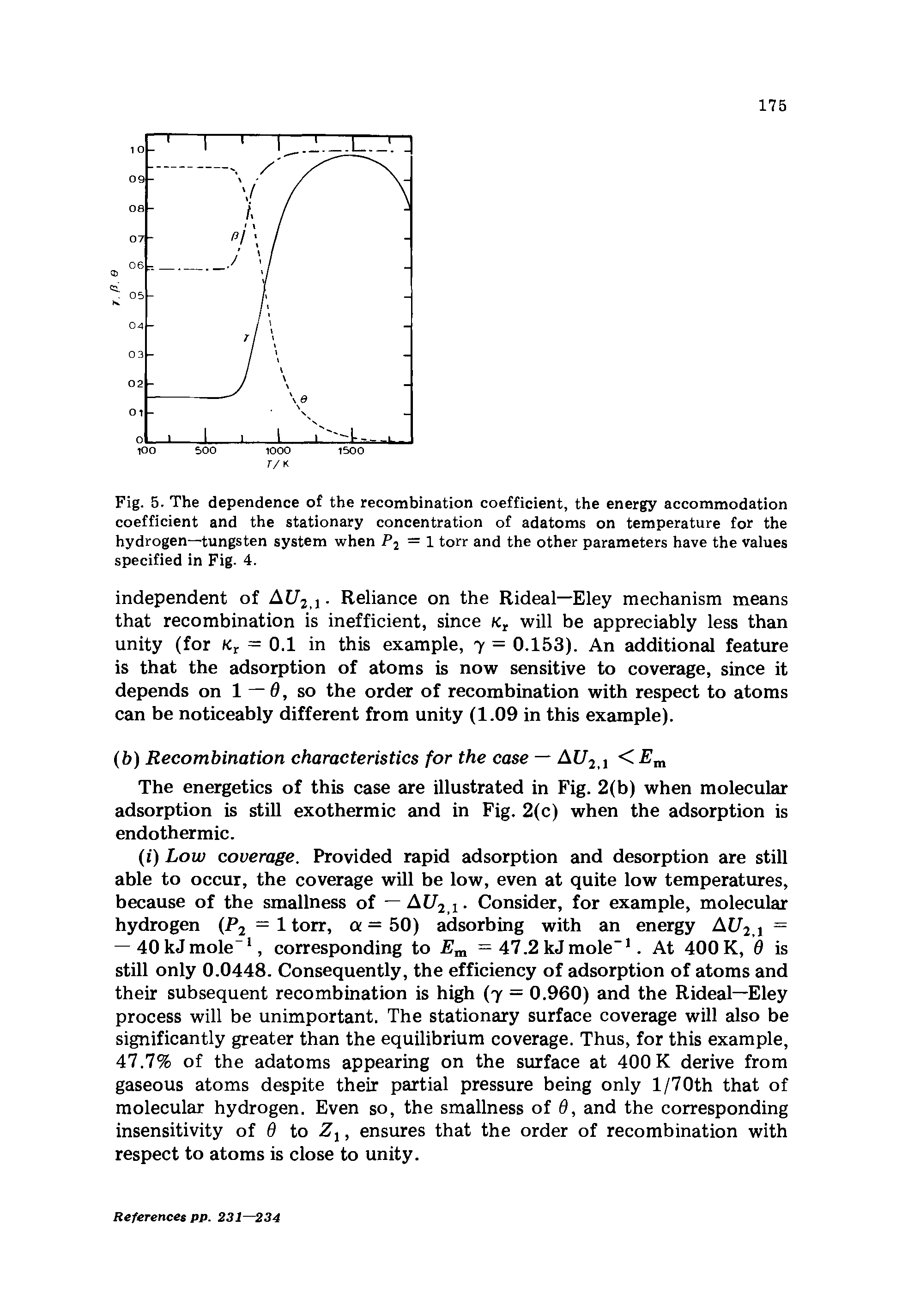 Fig. 5. The dependence of the recombination coefficient, the energy accommodation coefficient and the stationary concentration of adatoms on temperature for the hydrogen—tungsten system when P2 — 1 torr and the other parameters have the values specified in Fig. 4.