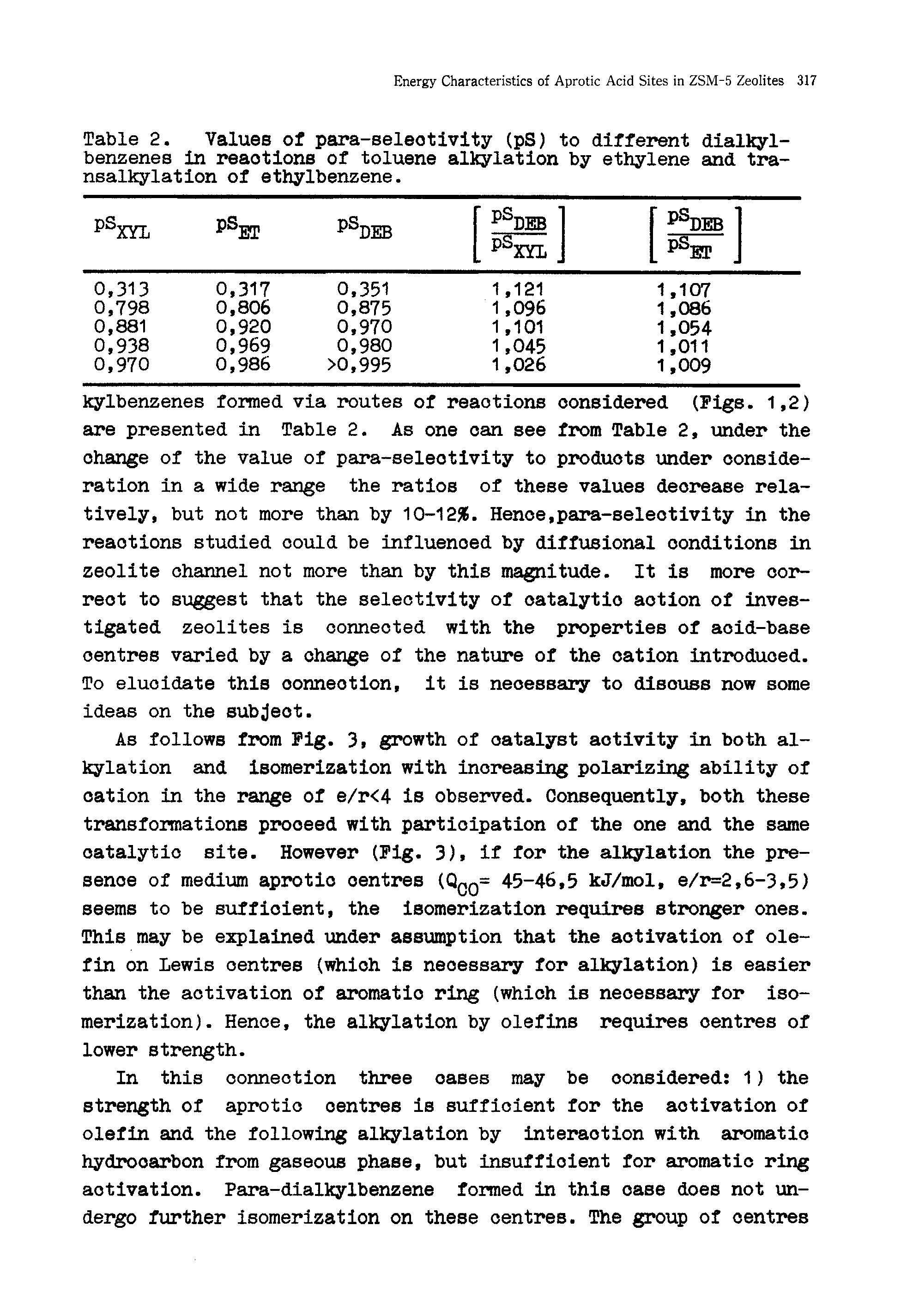 Table 2. Values of para-seleotivlty (pS) to different dialkyl-benzenes in reactions of toluene alkylation by ethylene and transalkylation of ethylbenzene.