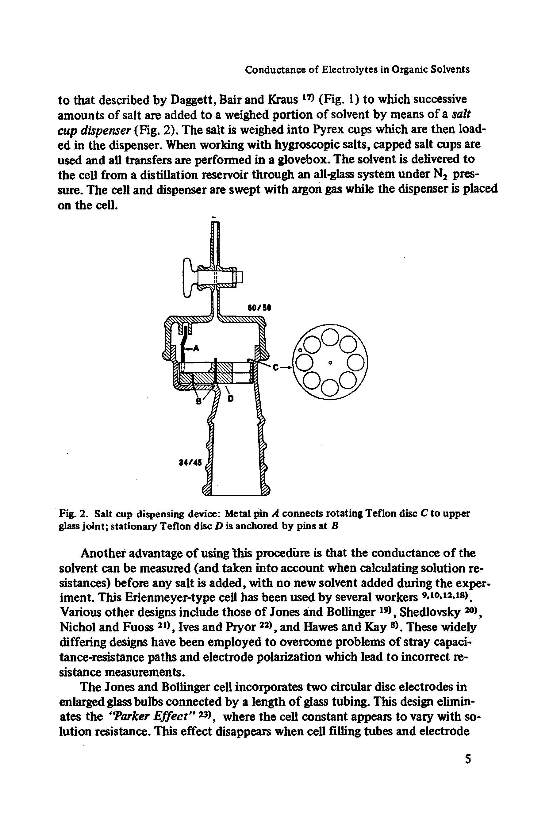 Fig. 2. Salt cup dispensing device Metal pin A connects rotating Teflon disc C to upper glass joint stationary Teflon disc D is anchored by pins at B...