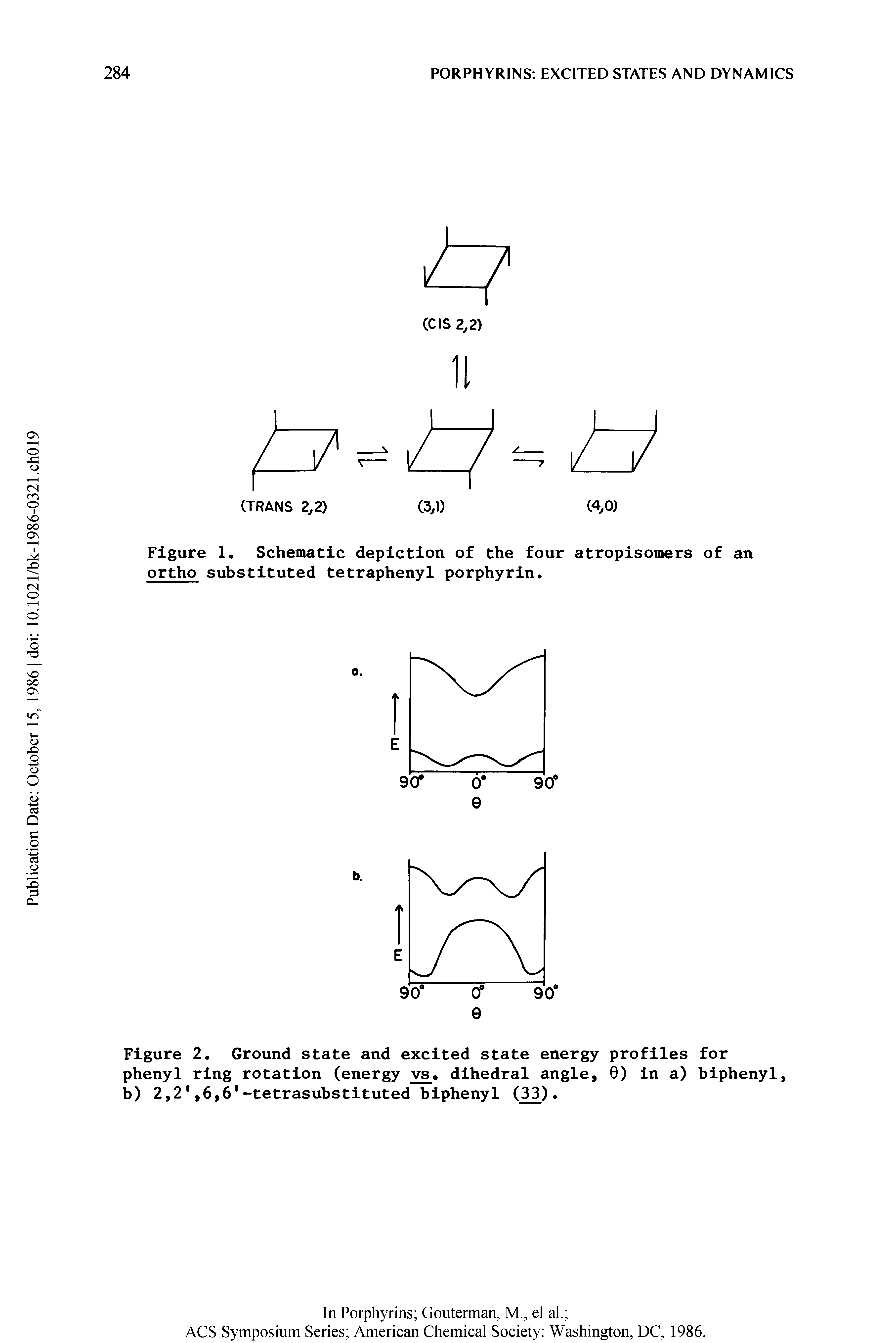 Figure 2. Ground state and excited state energy profiles for phenyl ring rotation (energy vs. dihedral angle, 9) in a) biphenyl, b) 2,2, 6,6 -tetrasubstituted biphenyl (33).