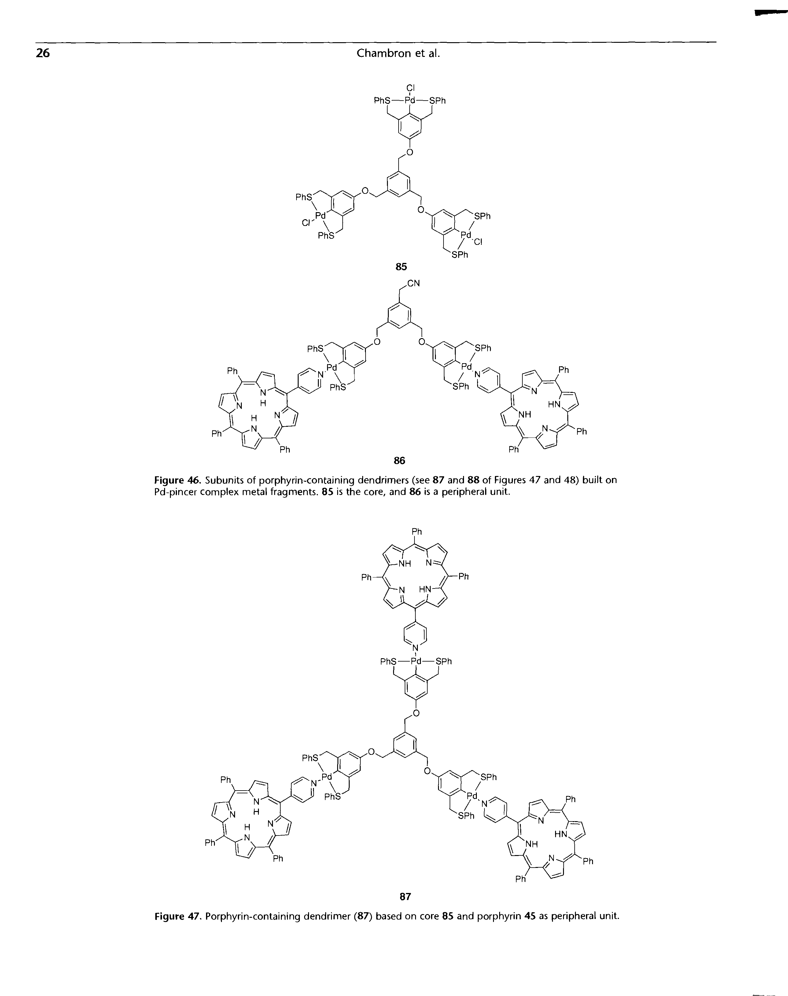 Figure 46. Subunits of porphyrin-containing dendrimers (see 87 and 88 of Figures 47 and 48) built on Pd-pincer complex metal fragments. 85 is the core, and 86 is a peripheral unit.