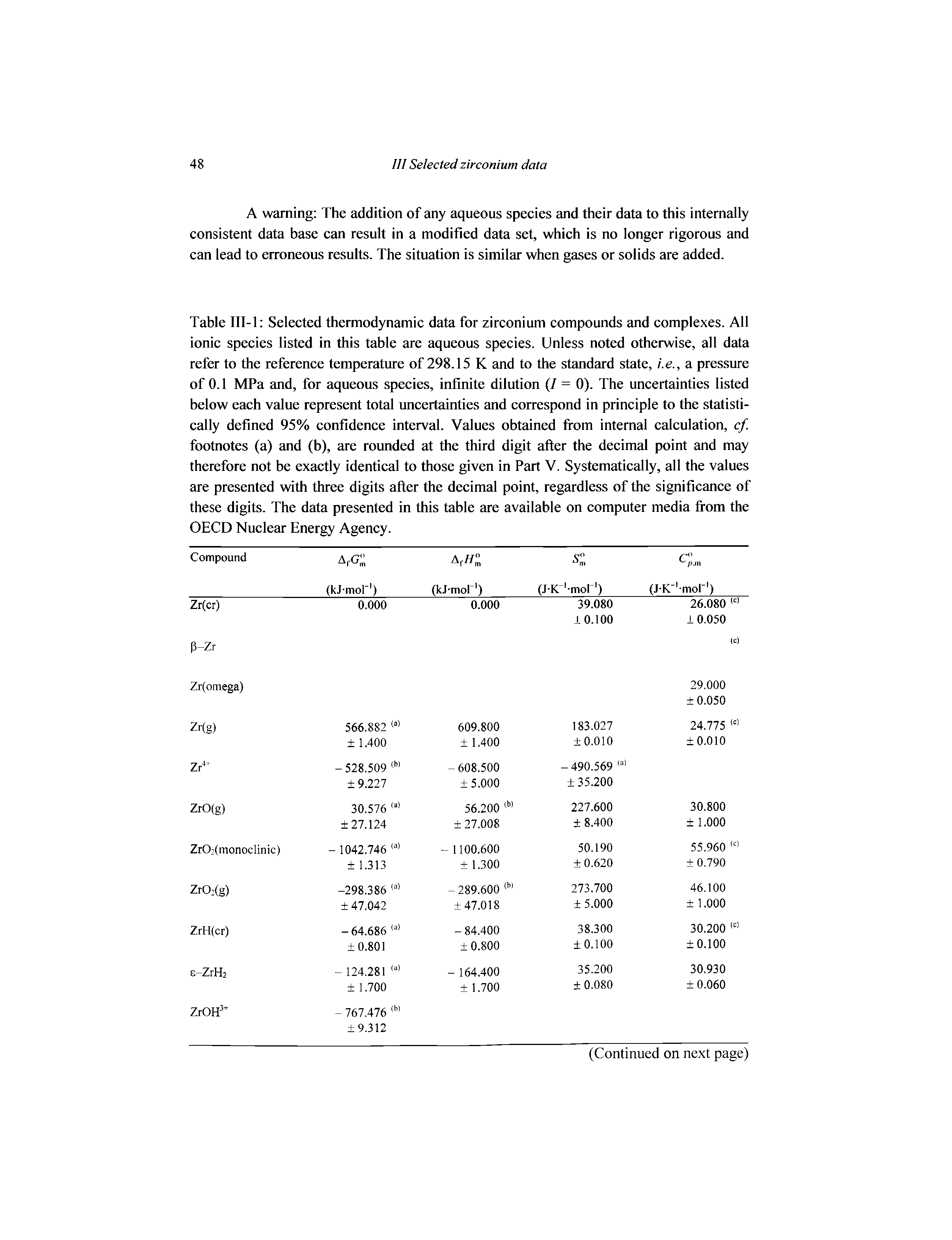 Table III-l Seleeted thermodynamic data for zirconium compounds and complexes. All ionic species listed in this table are aqueous species. Unless noted otherwise, all data refer to the reference temperature of 298.15 K and to the standard state, i.e., a pressure of 0.1 MPa and, for aqueous species, infinite dilution (/ = 0). The uncertainties listed below each value represent total uncertainties and correspond in principle to the statistically defined 95% confidence interval. Values obtained from internal calculation, cf. footnotes (a) and (b), are rounded at the third digit after the decimal point and may therefore not be exactly Identical to those given in Part V. Systematically, all the values are presented with three digits after the decimal point, regardless of the significance of these digits. The data presented in this table are available on computer media from the OECD Nuclear Energy Agency.