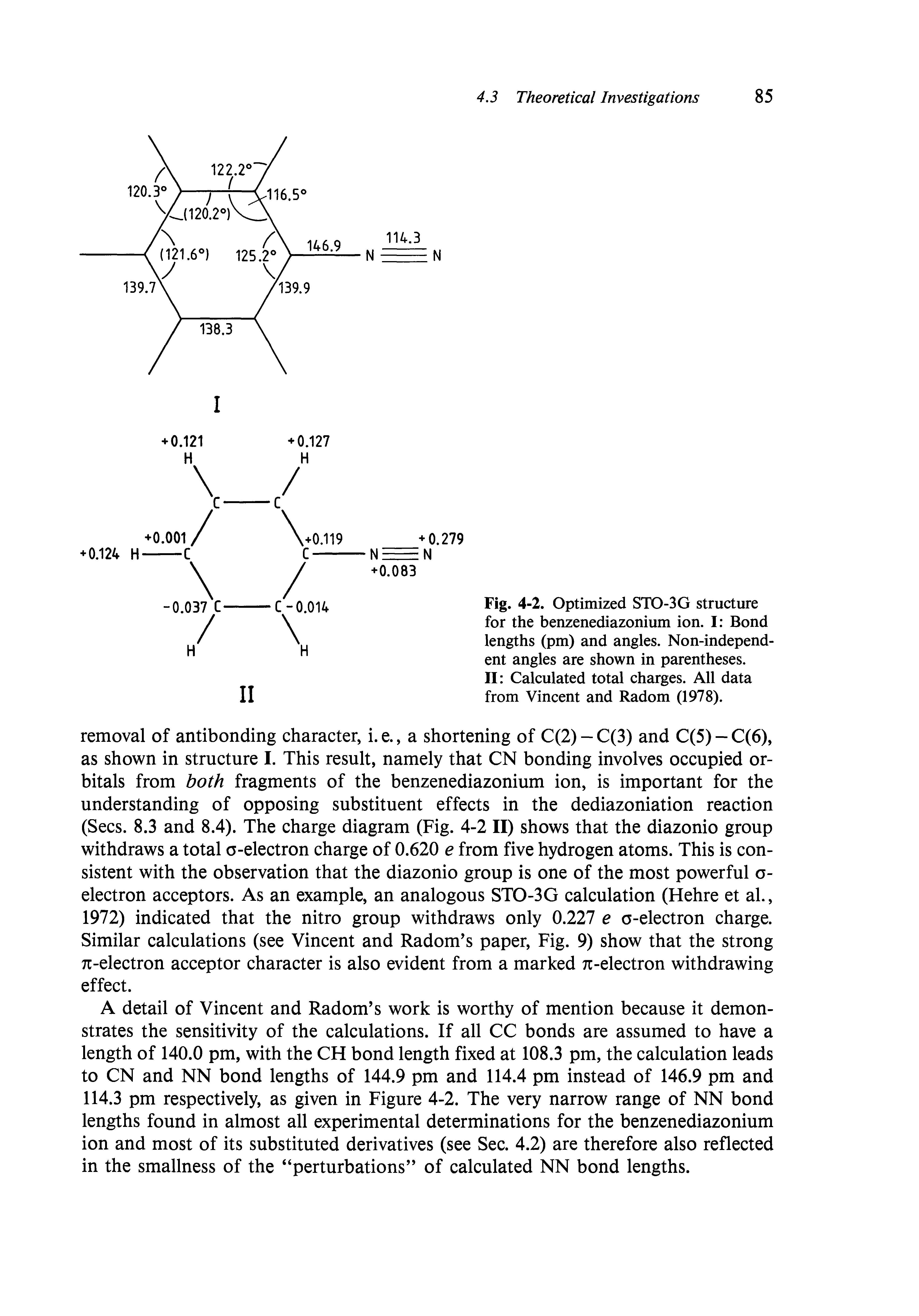 Fig. 4-2. Optimized STO-3G structure for the benzenediazonium ion. I Bond lengths (pm) and angles. Non-independent angles are shown in parentheses.